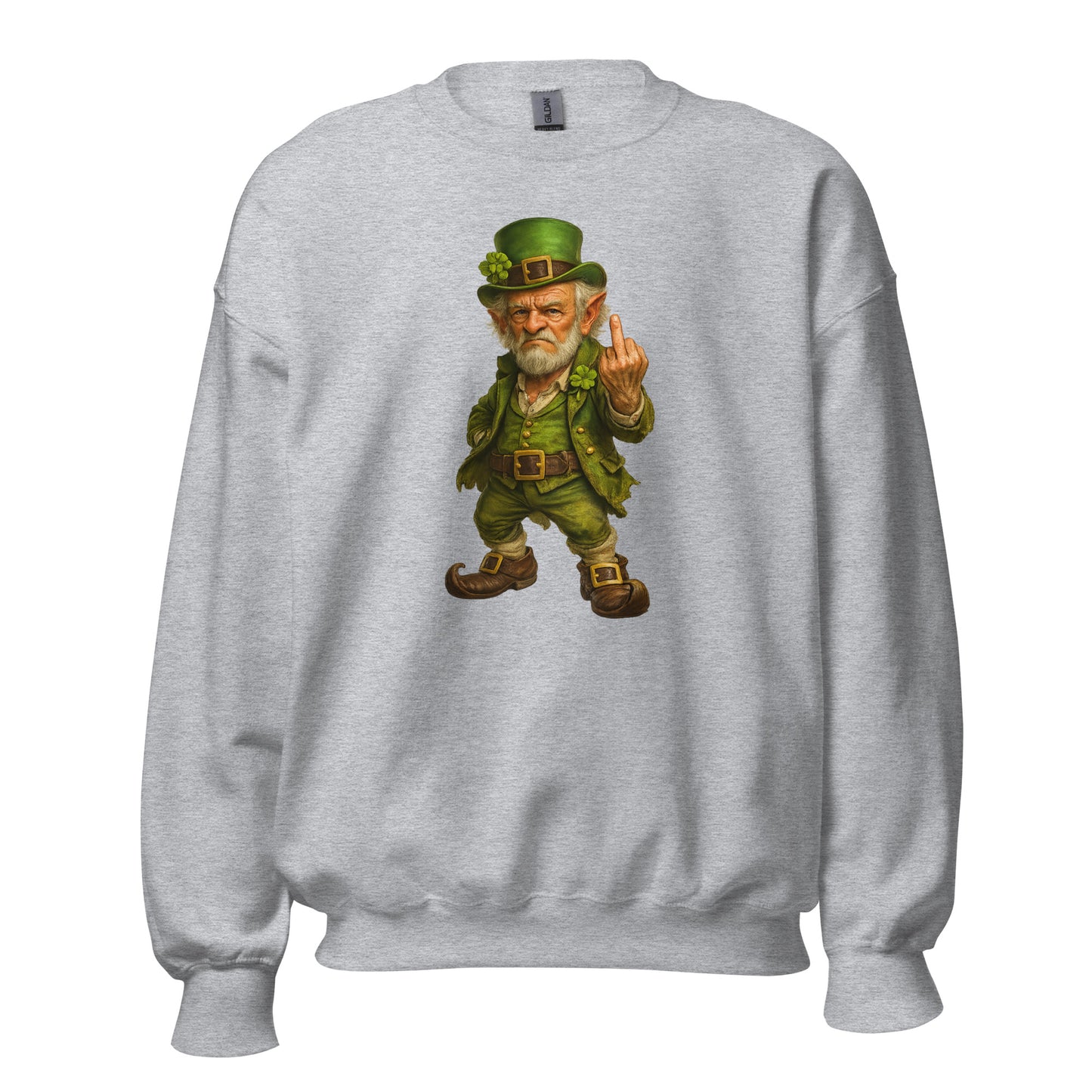 Heather grey unisex sweatshirt with a graphic of a leprechaun giving a middle finger – Boozie Adams