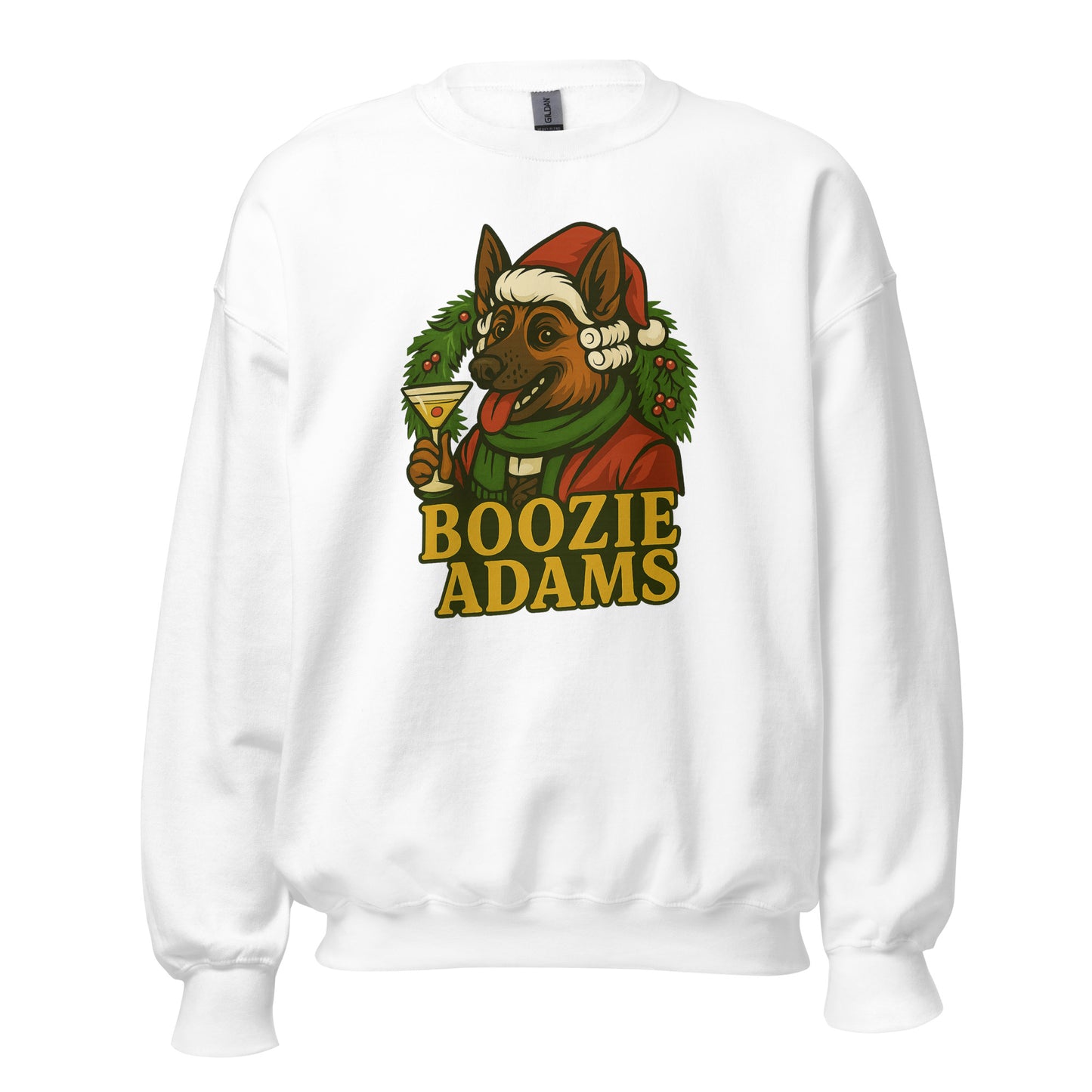 White sweatshirt with Boozie Adams wearing a Santa hat and 'Boozie Adams' text – Boozie Adams