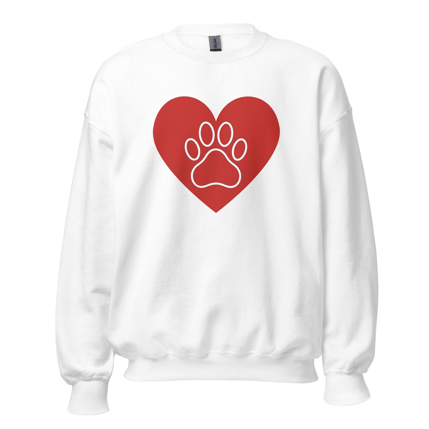 White sweatshirt with a red heart and white paw print – Boozie Adams