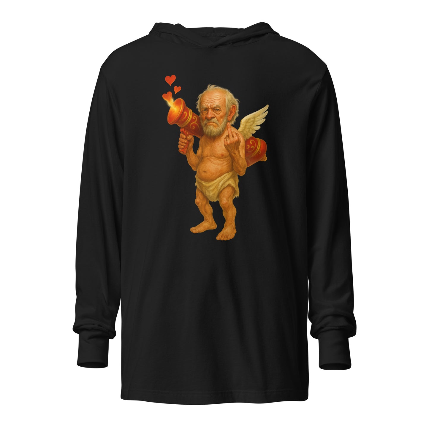 Black unisex hoodie with a graphic of a cupid flipping the bird – Boozie Adams