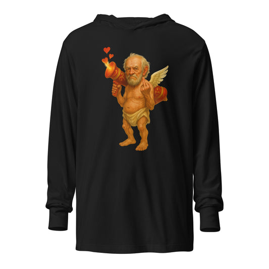 Black unisex hoodie with a graphic of a cupid flipping the bird – Boozie Adams