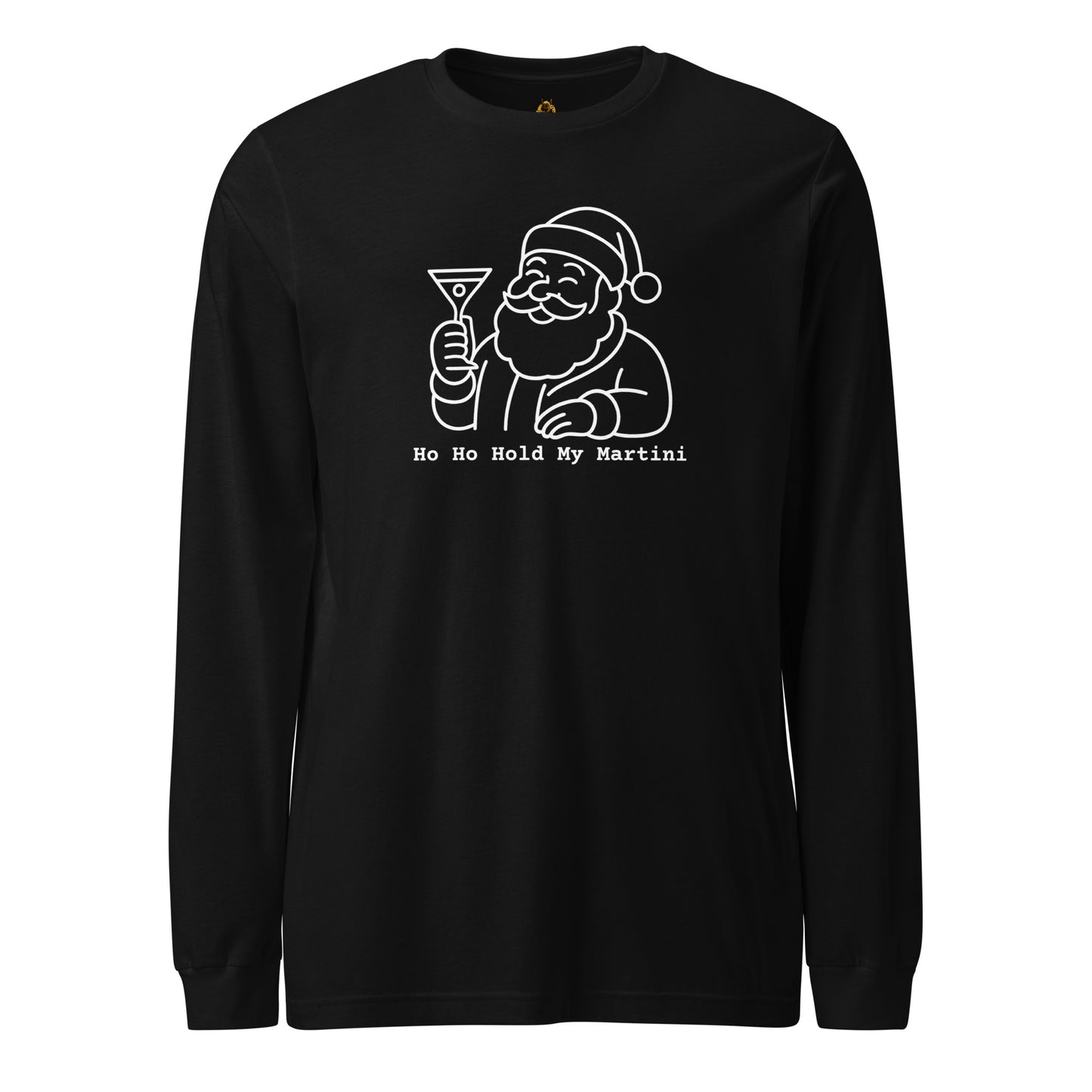 Black long-sleeve shirt with a graphic of Santa holding a martini glass and text 'Ho Ho Hold My Martini' in white – Boozie Adams