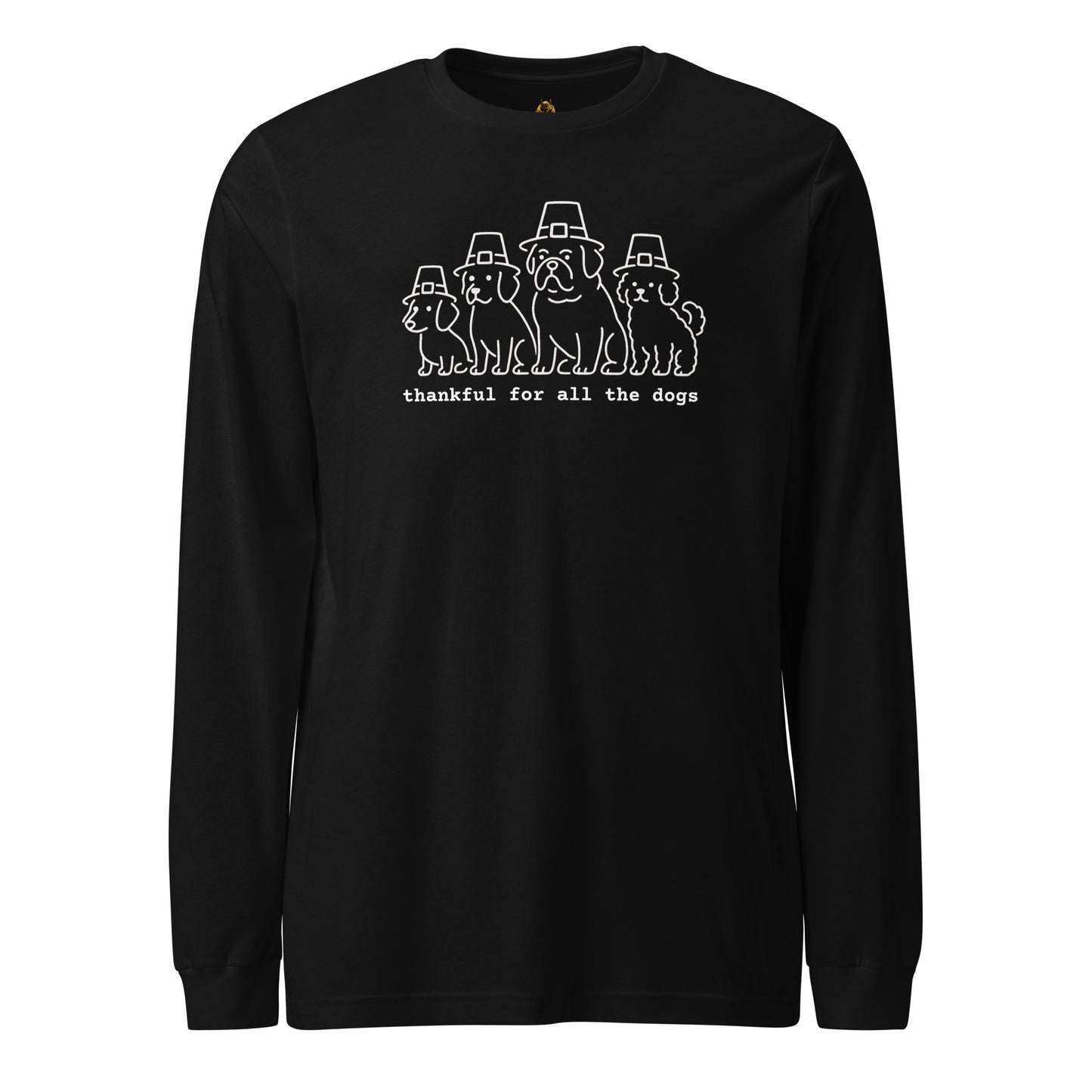 Black long-sleeve shirt with a graphic of dogs wearing pilgrim hats and the text 'thankful for all the dogs' in white – Boozie Adams
