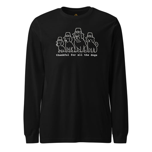 Black long-sleeve shirt with a graphic of dogs wearing pilgrim hats and the text 'thankful for all the dogs' in white – Boozie Adams