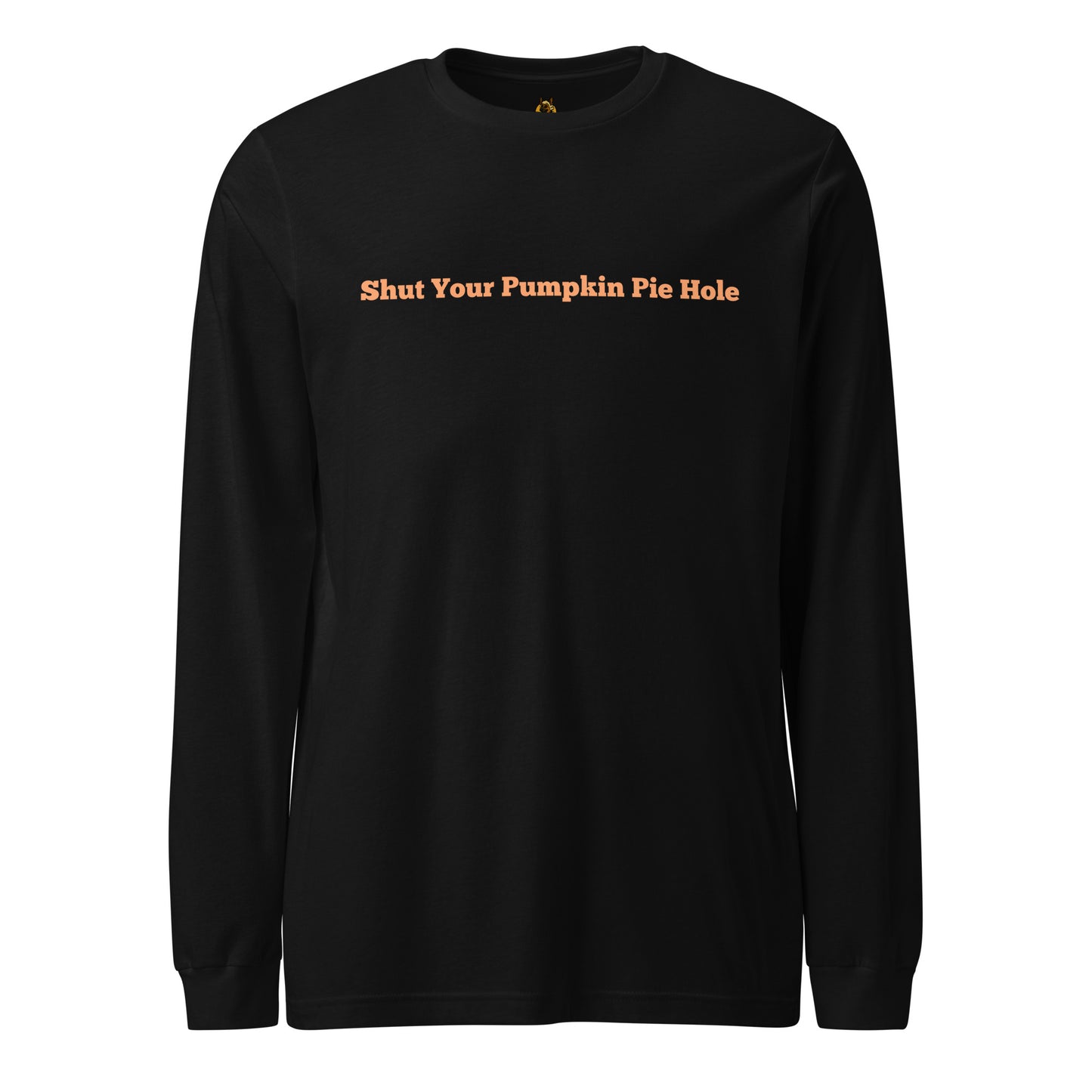 Black long-sleeve shirt with orange text 'shut your pumpkin pie hole' – Boozie Adams