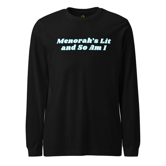 Black long-sleeve shirt with 'Menorah's Lit and So Am I' text – Boozie Adams
