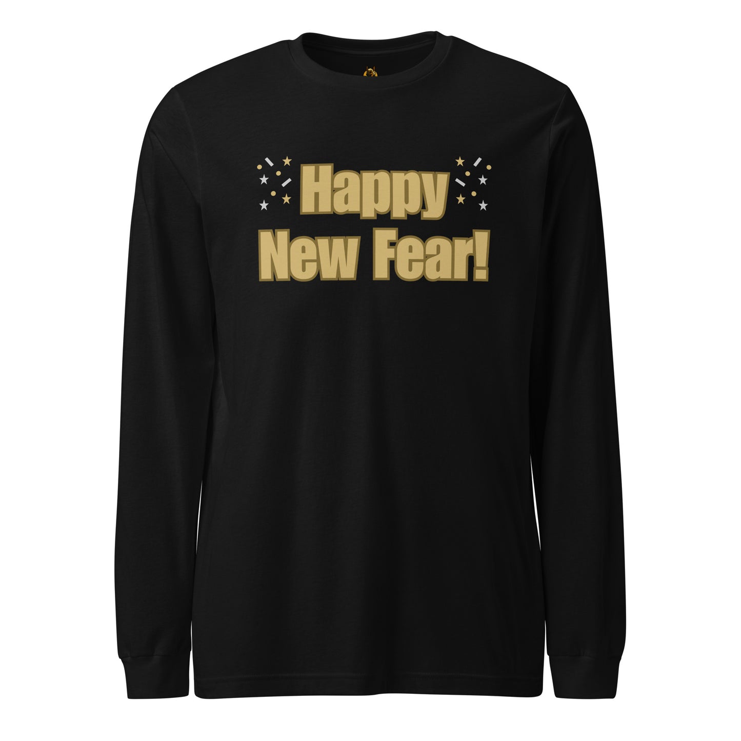 Black long-sleeve shirt with 'Happy New Fear!' text in gold – Boozie Adams