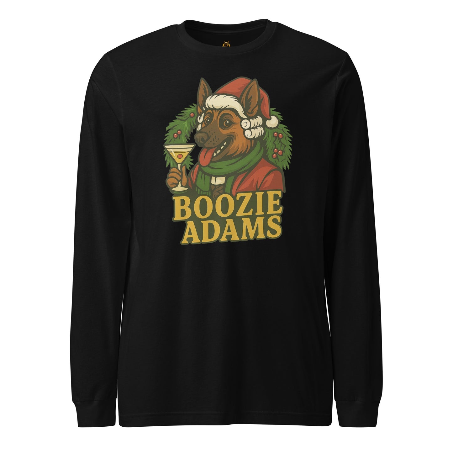 Black long-sleeve unisex shirt with a graphic Boozie Adams holding a martini in front of a holiday wreath – Boozie Adams
