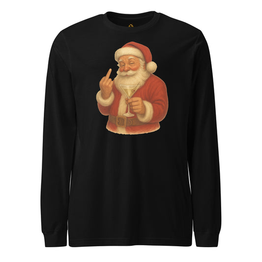 Black long-sleeve unisex shirt with a graphic of a Santa Claus holding a martini glass and flipping the bird – Boozie Adams