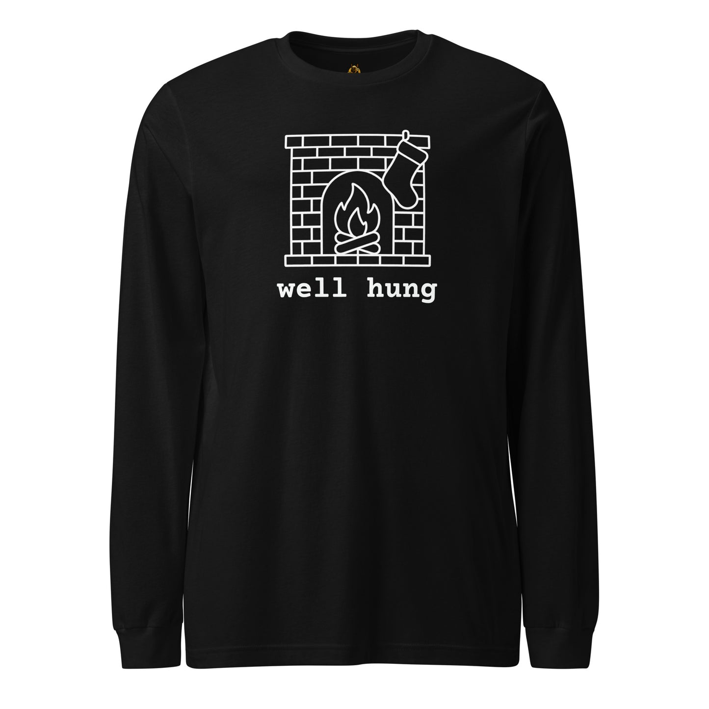 Black long-sleeve shirt with a stocking hung on a fireplace graphic and 'well hung' text – Boozie Adams