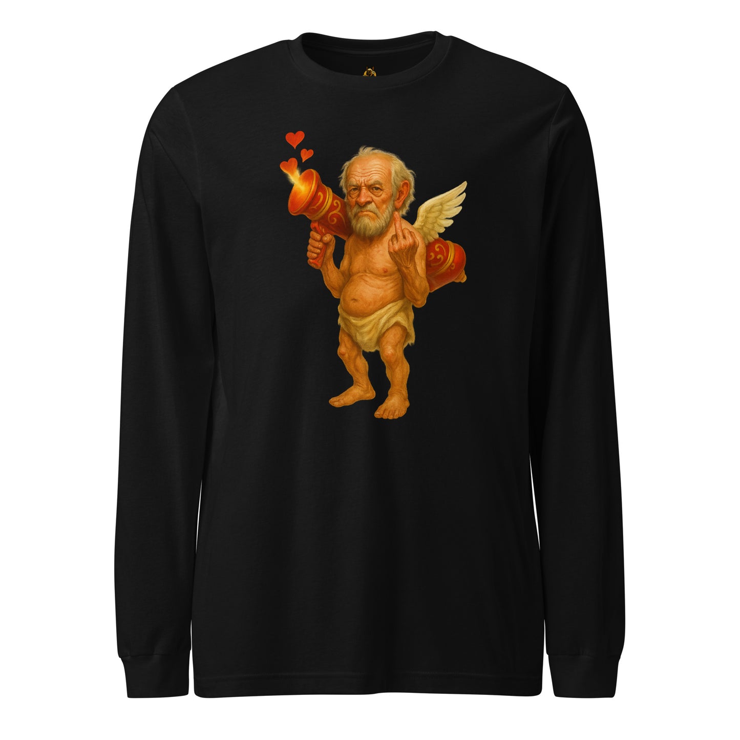 Black long-sleeve unisex shirt with a graphic of cupid flipping the bird – Boozie Adams
