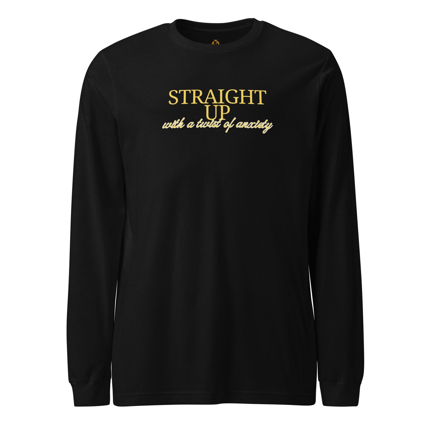 Black unisex long-sleeve shirt with 'straight up with a twist of anxiety' yellow text – Boozie Adams
