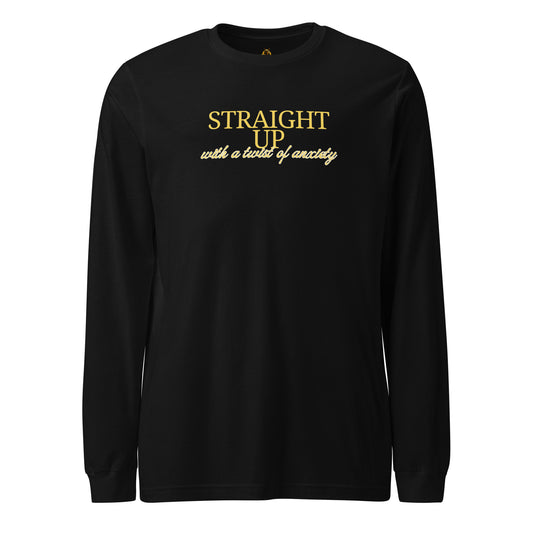 Black unisex long-sleeve shirt with 'straight up with a twist of anxiety' yellow text – Boozie Adams