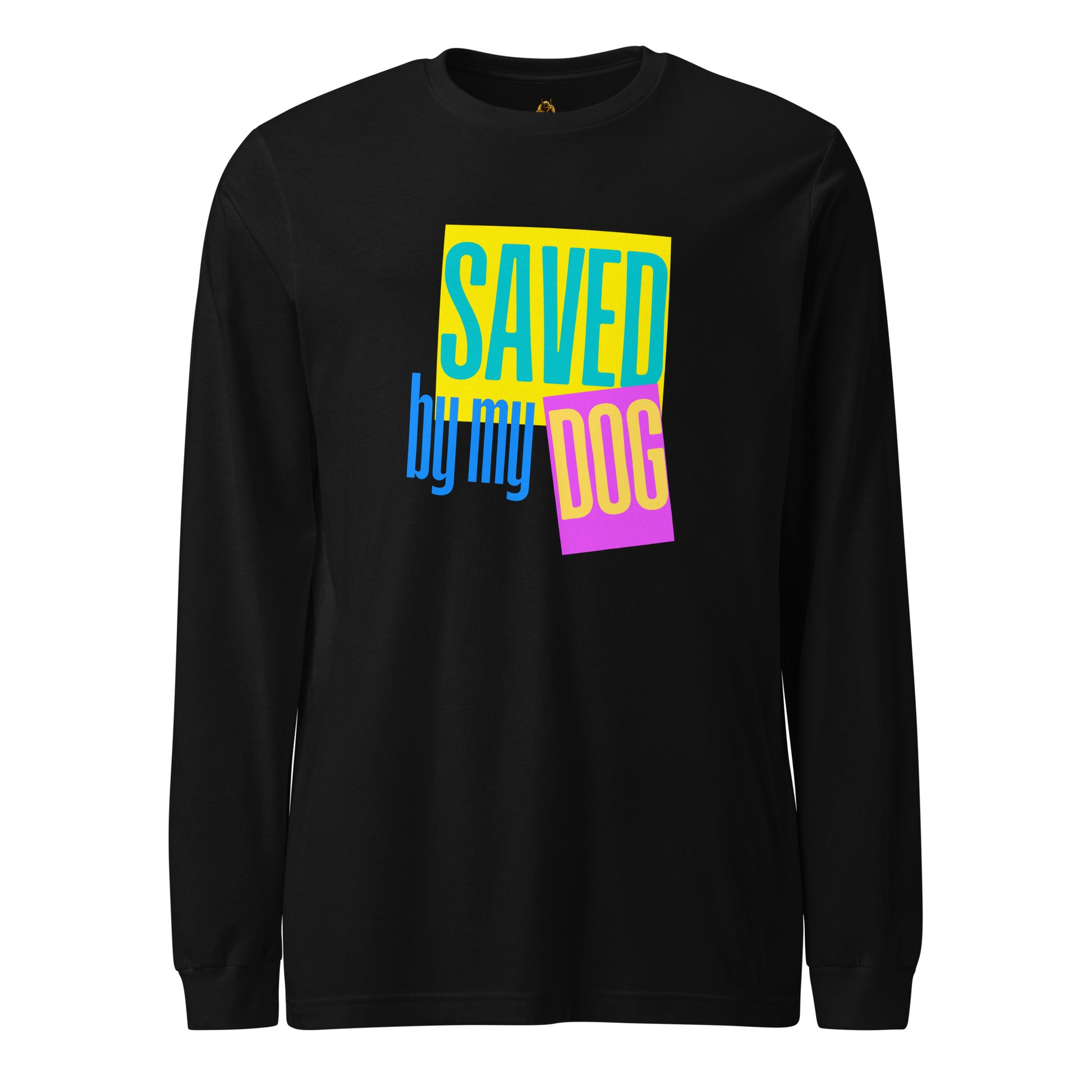 Black long-sleeve shirt with colorful text 'SAVED by my DOG' – Boozie Adams