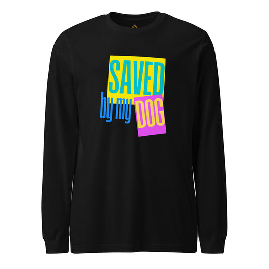 Black long-sleeve shirt with colorful text 'SAVED by my DOG' – Boozie Adams