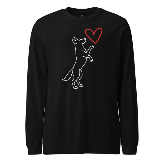 Black unisex long-sleeve shirt with a white dog graphic and red heart – Boozie Adams