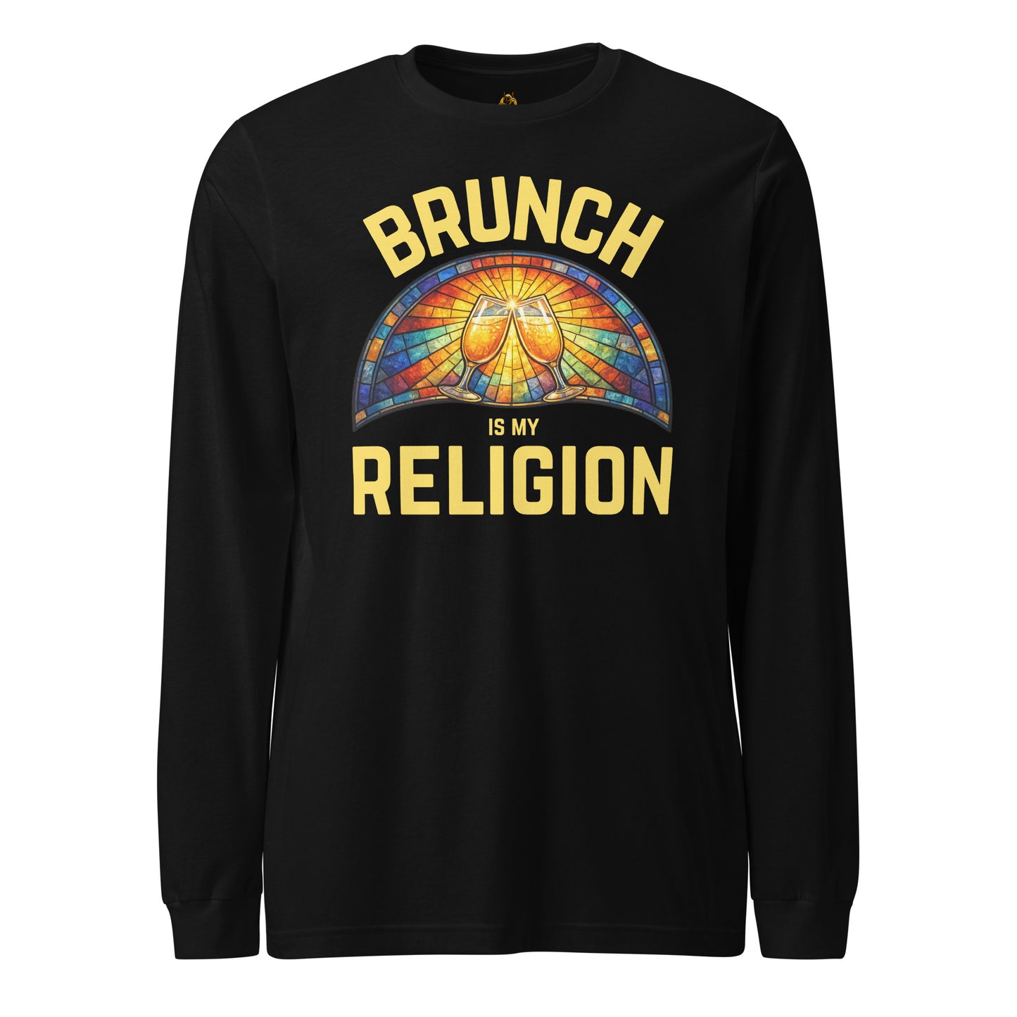 Black long-sleeve unisex shirt with 'Brunch is my Religion' text and colorful design – Boozie Adams