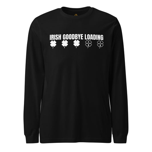 Black long-sleeve unisex shirt with 'Irish Goodbye Loading' text and clover icons – Boozie Adams