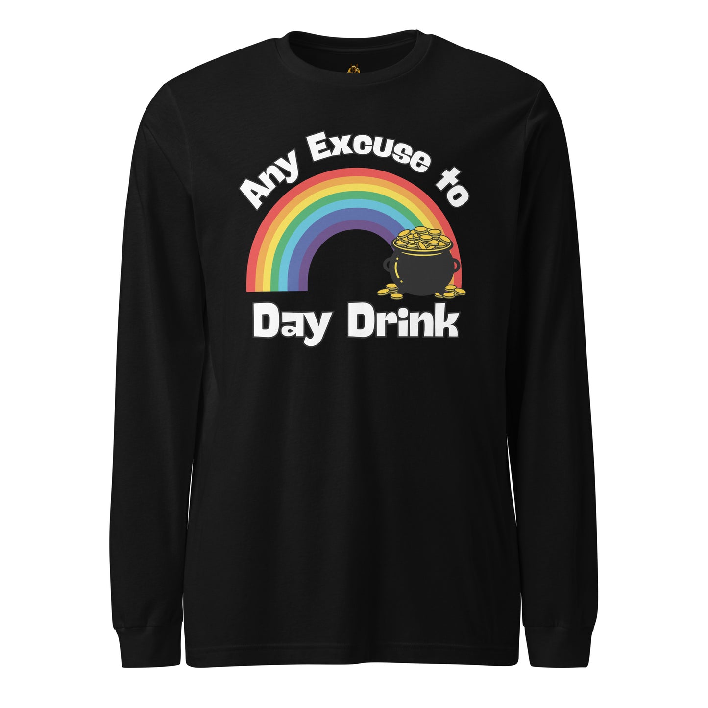 Black unisex long-sleeve shirt with rainbow and pot of gold graphic and 'any excuse to day drink' text – Boozie Adams