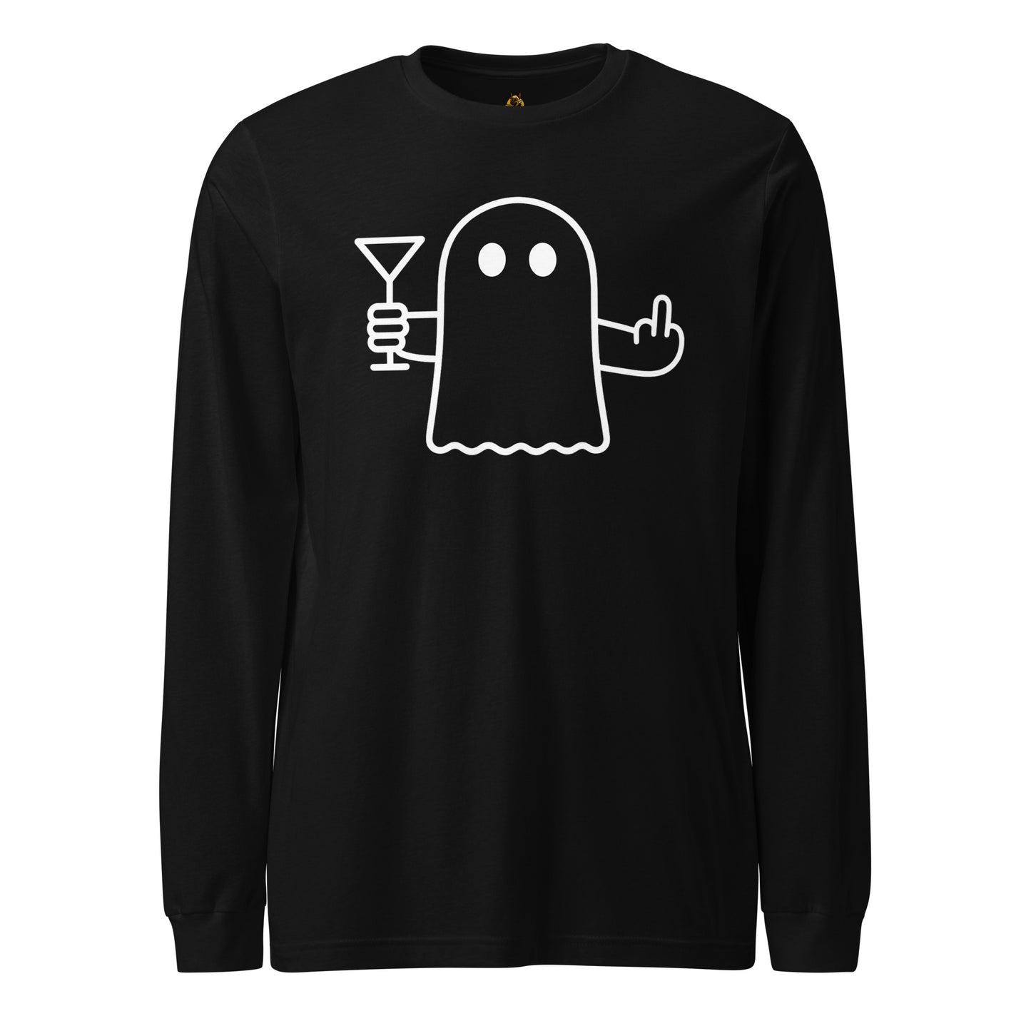Black unisex long sleeve t-shirt with graphic of ghost flipping the bird and holding a martini – Boozie Adams