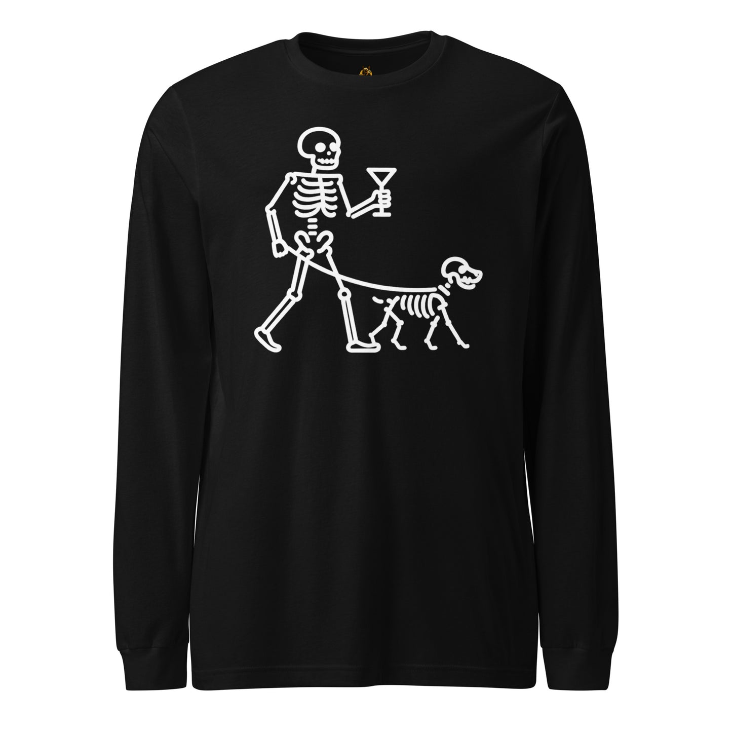 Black unisex long sleeve t-shirt with white graphic of a ghost walking a skeleton dog and holding a martini