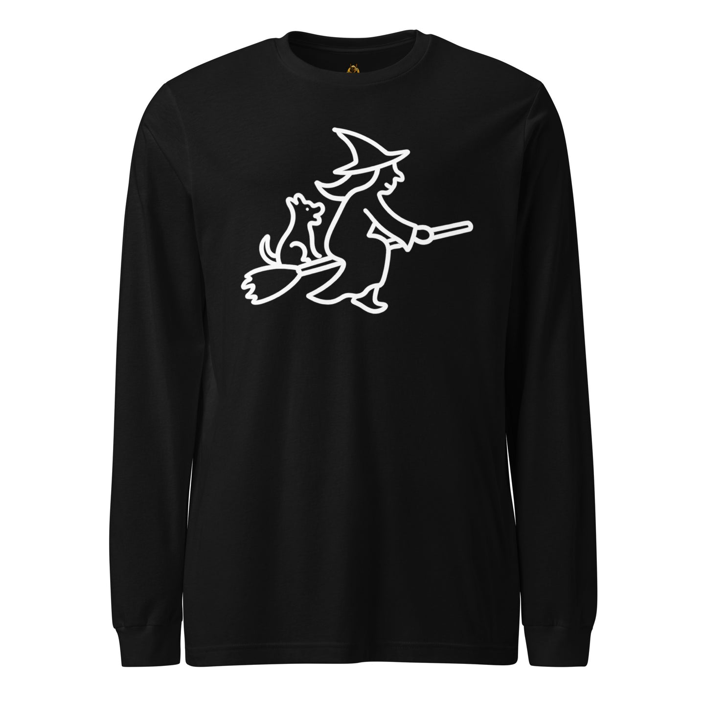 Black unisex long sleeve tee with white graphic of witch on broomstick with dog – Boozie Adams