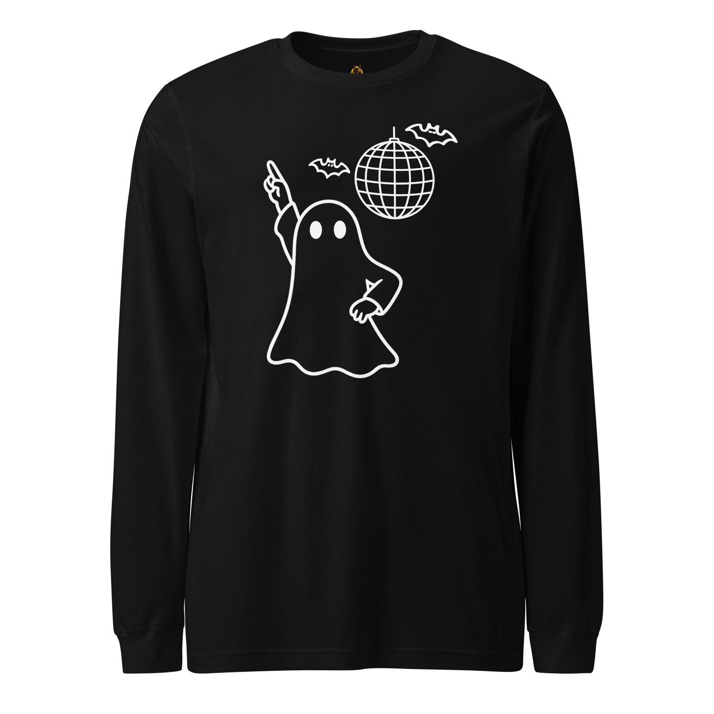 Black unisex long sleeve t-shirt with white graphic of ghost dancing by disco ball – Boozie Adams
