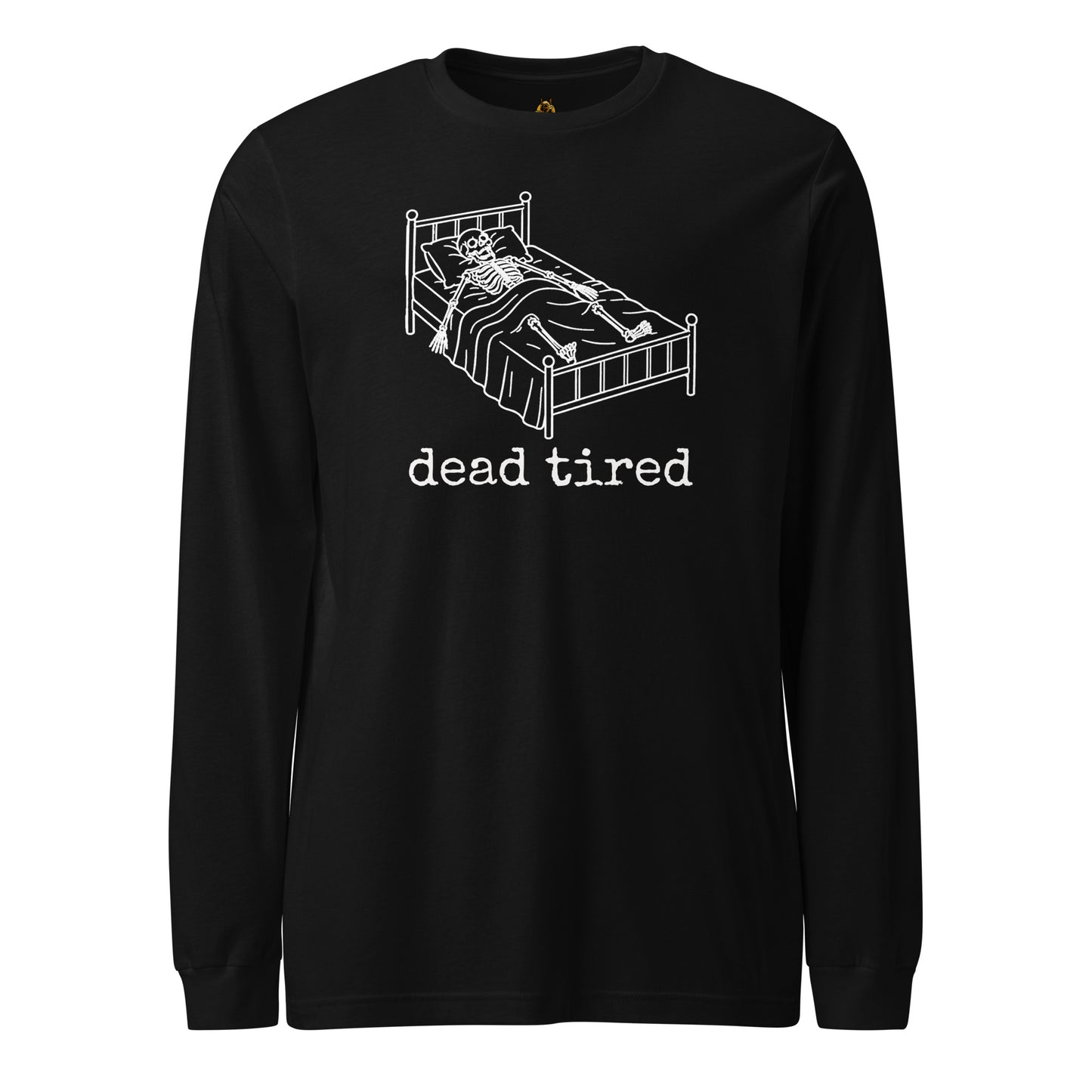 Black unisex long sleeve t-shirt with white graphic of ghost in bed and text 'dead tired' – Boozie Adams