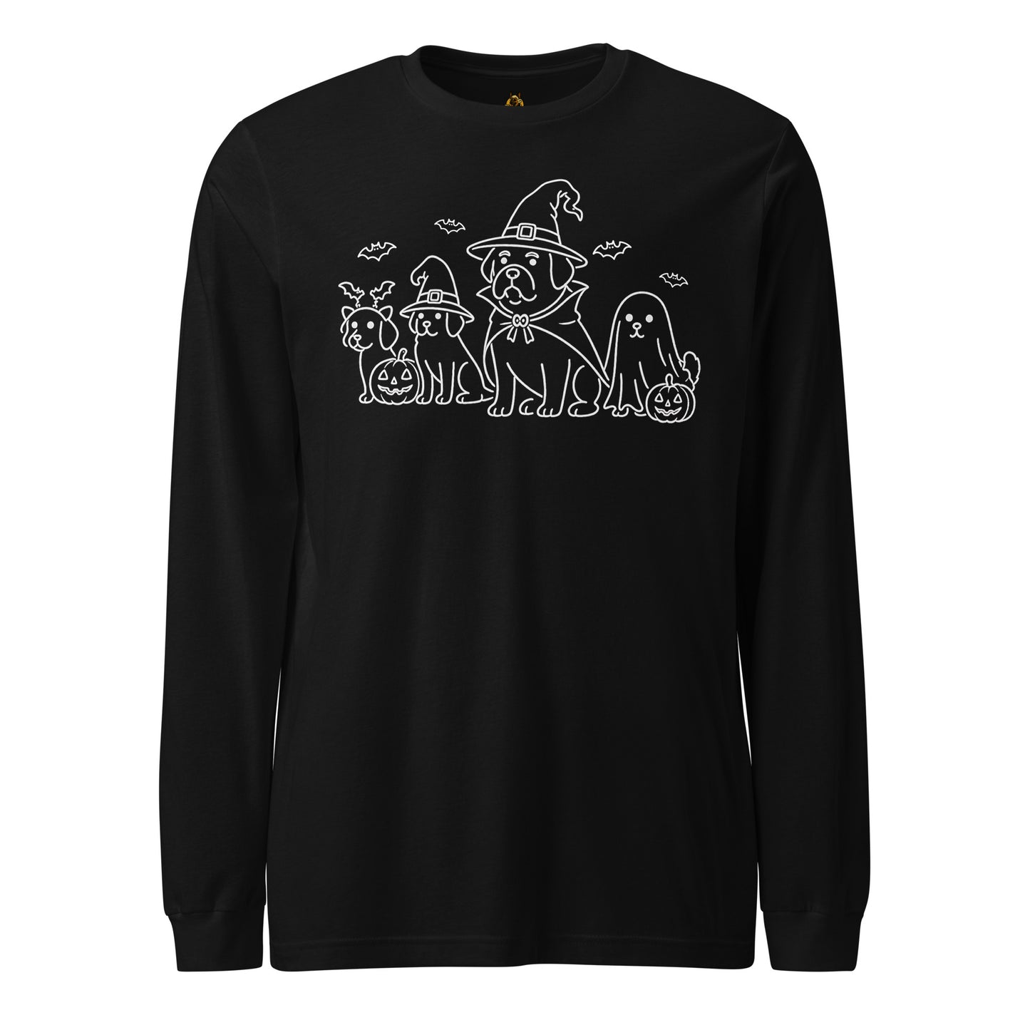 Black unisex long sleeve t-shirt with white graphic of dogs dressed in halloween costumes – Boozie Adams