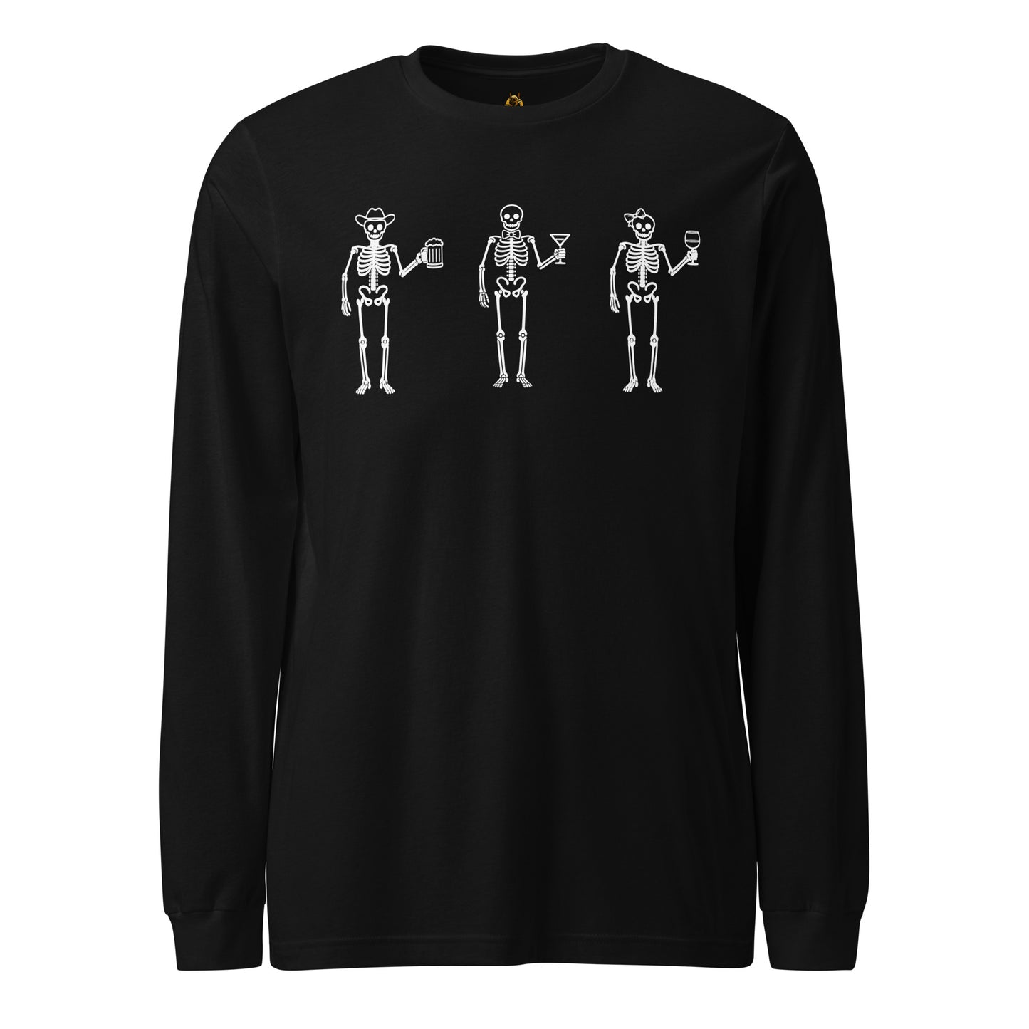 Black unisex long sleeve t-shirt with three skeletons each holding a beer, martini and wine glass – Boozie Adams