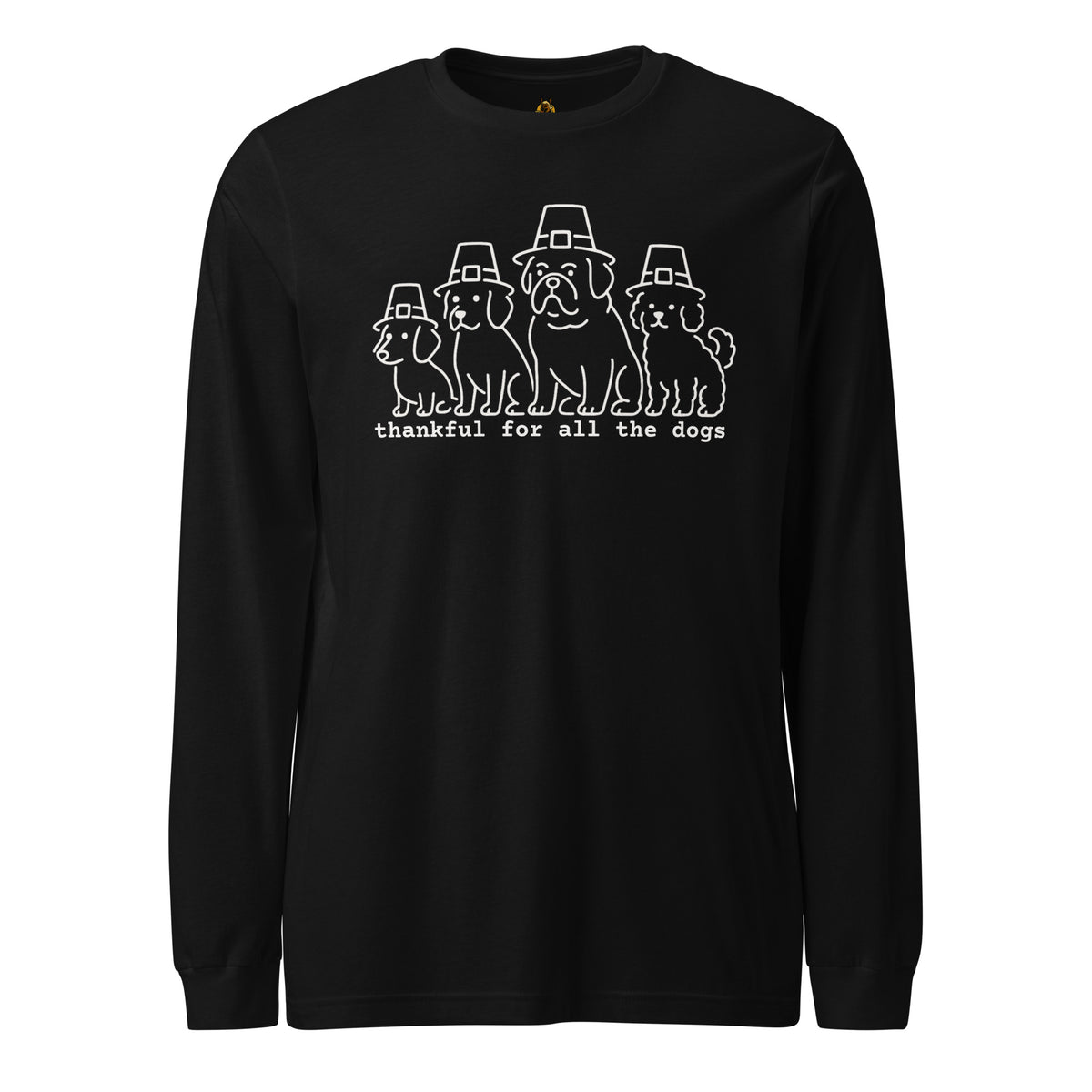 Black long-sleeve shirt with image of dogs with pilgrim hats and text 'thankful for all the dogs' – Boozie Adams