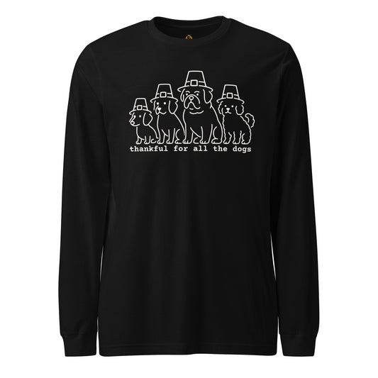Black long-sleeve shirt with image of dogs with pilgrim hats and text 'thankful for all the dogs' – Boozie Adams