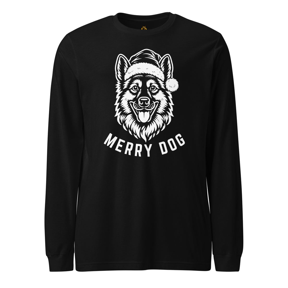 Black unisex long sleeve t-shirt with image of dog wearing santa hat and 'Merry Dog' text – Boozie Adams