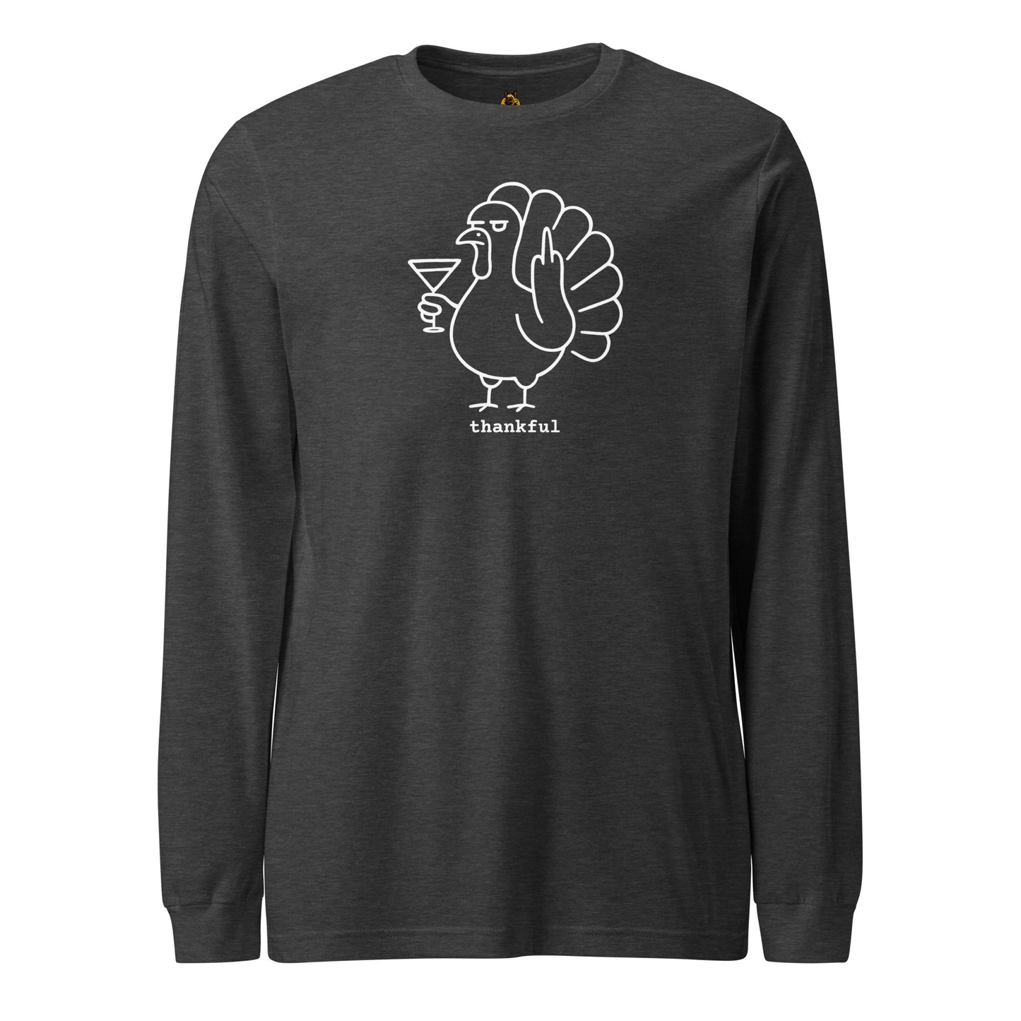 Dark heather grey long-sleeve shirt with a white turkey holiding a martini and flipping the bird graphic and 'thankful' text – Boozie Adams