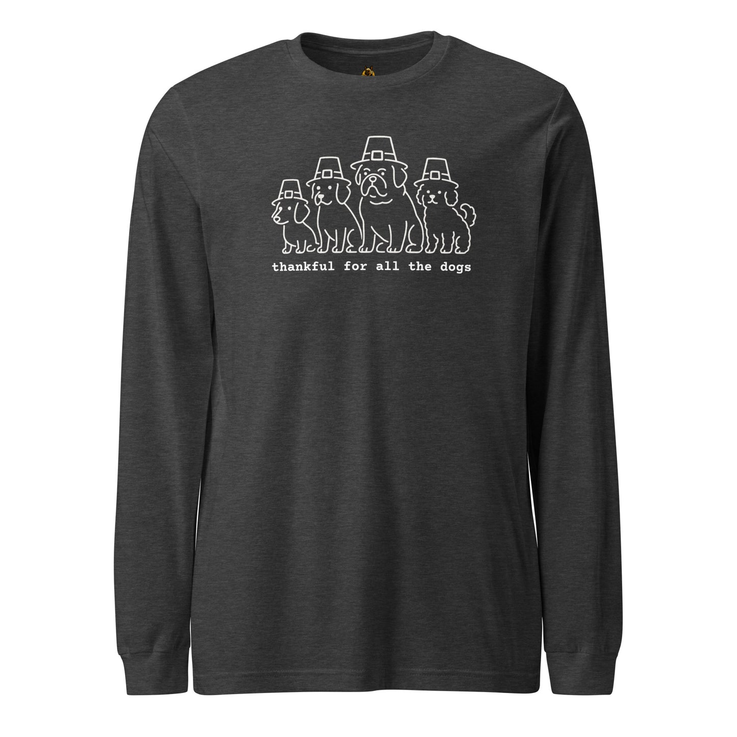 Dark heather grey long-sleeve shirt with a graphic of dogs wearing pilgrim hats and the text 'thankful for all the dogs' in white – Boozie Adams