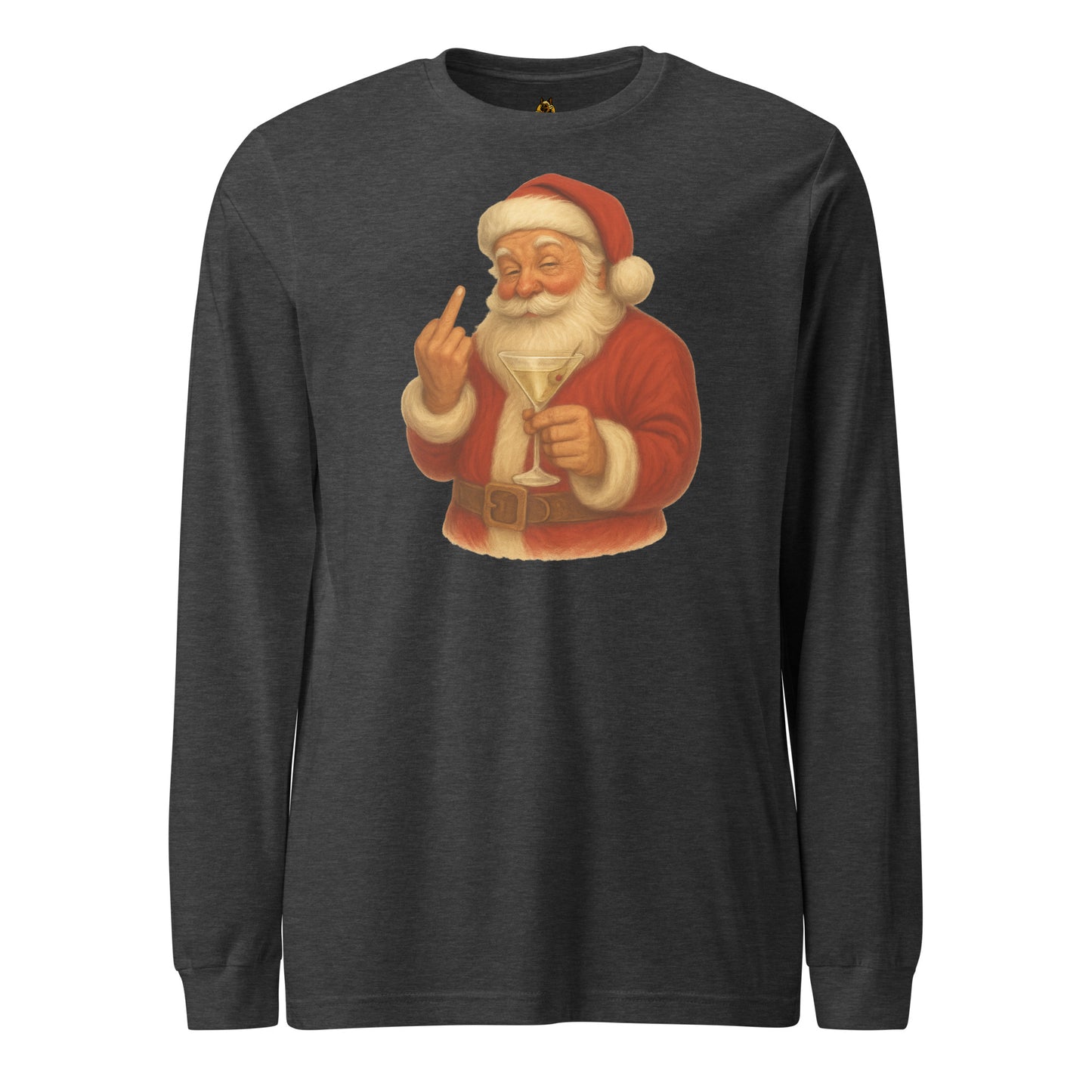 Dark heather grey long-sleeve unisex shirt with a graphic of a Santa Claus holding a martini glass and flipping the bird – Boozie Adams