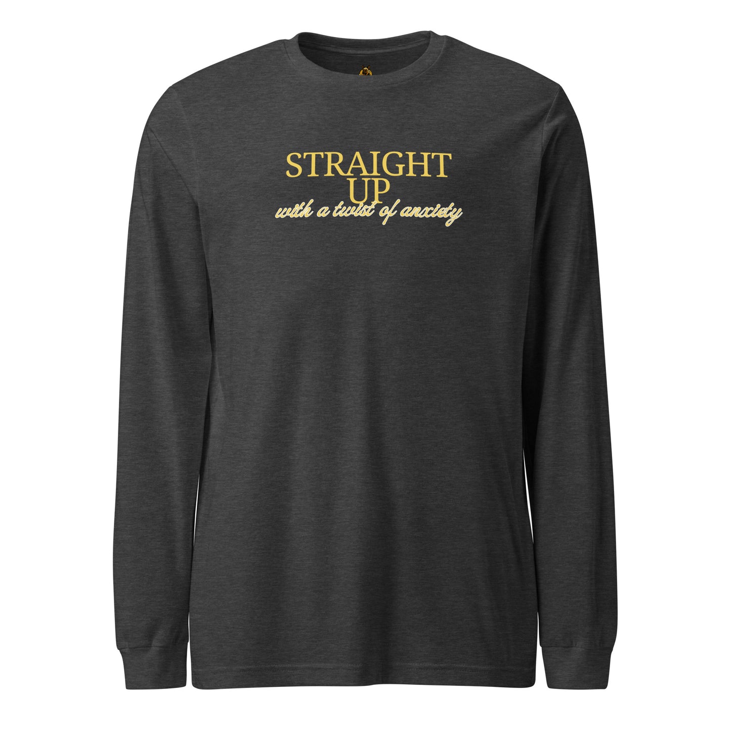 Heather grey long-sleeve shirt with 'straight up with a twist of anxiety' yellow text – Boozie Adams