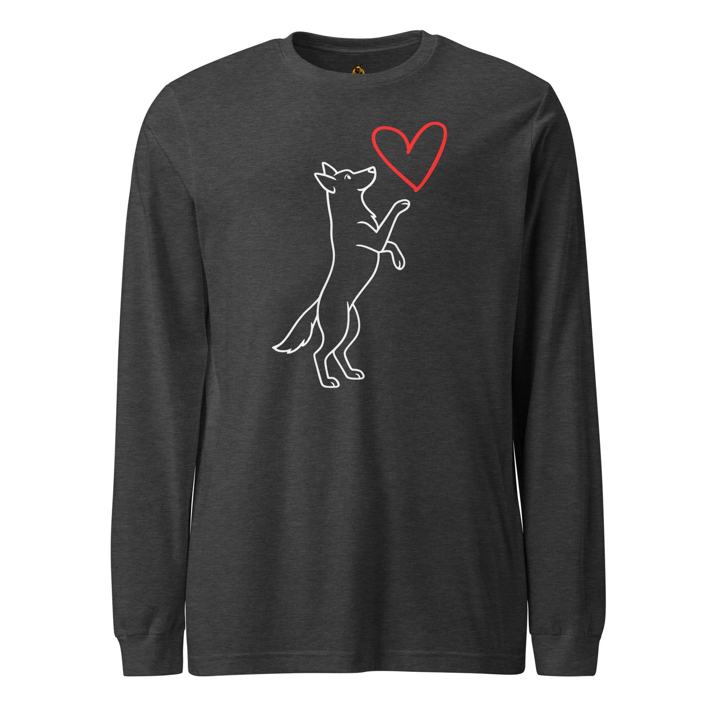 Dark heather grey unisex long-sleeve shirt with a white dog graphic and red heart – Boozie Adams