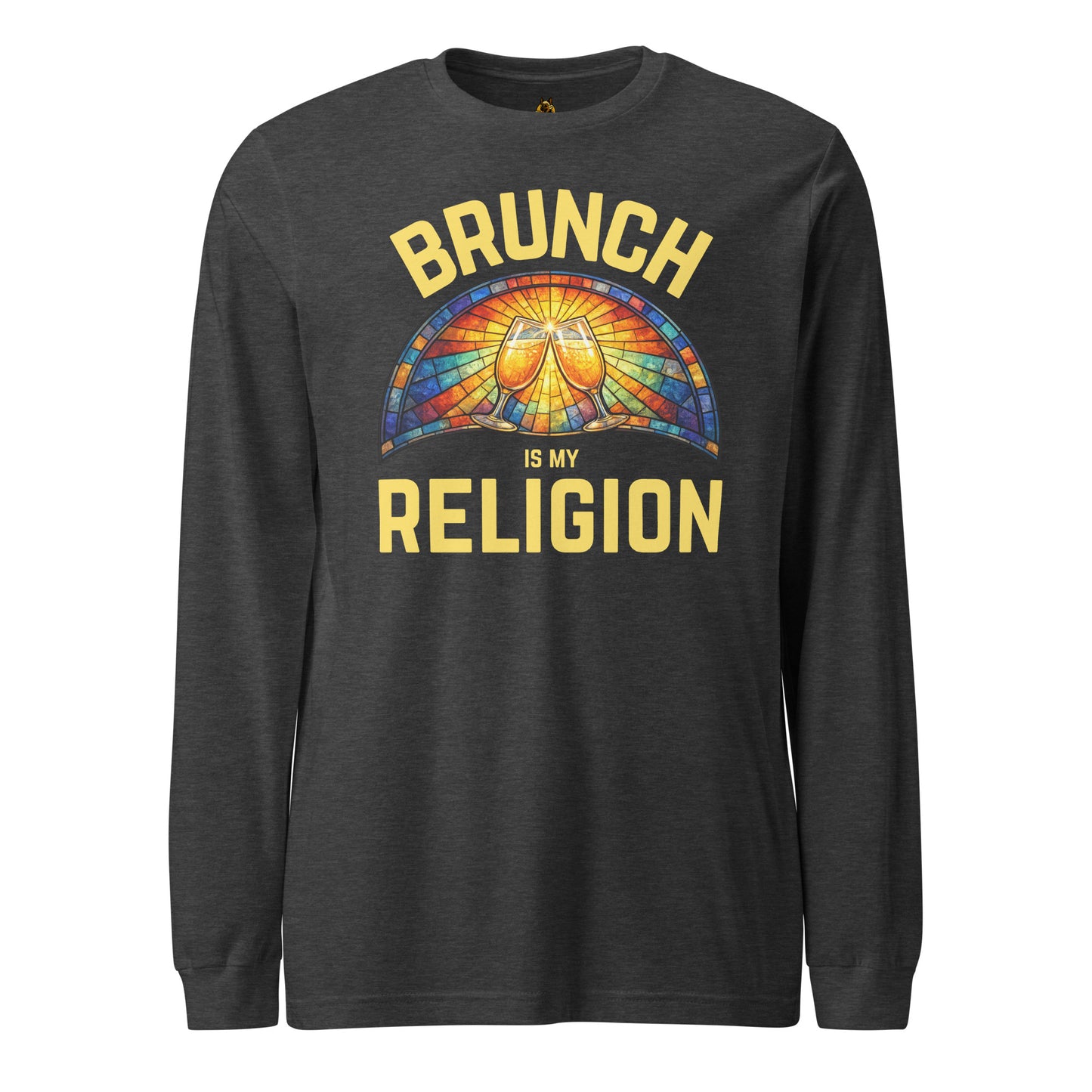 Dark grey long-sleeve unisex shirt with 'Brunch is my Religion' text and colorful design – Boozie Adams
