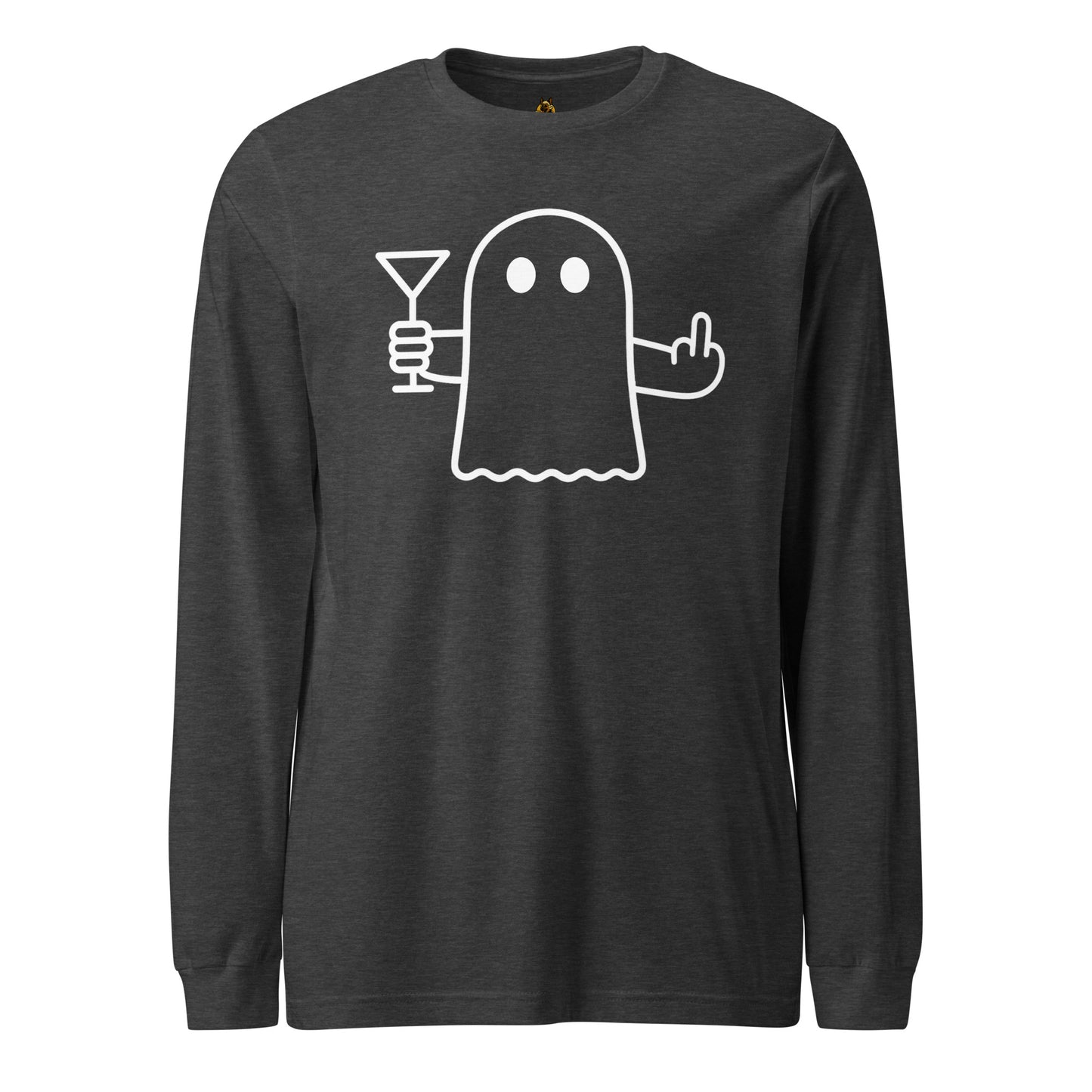 Dark heather grey unisex long sleeve t-shirt with graphic of ghost flipping the bird and holding a martini – Boozie Adams