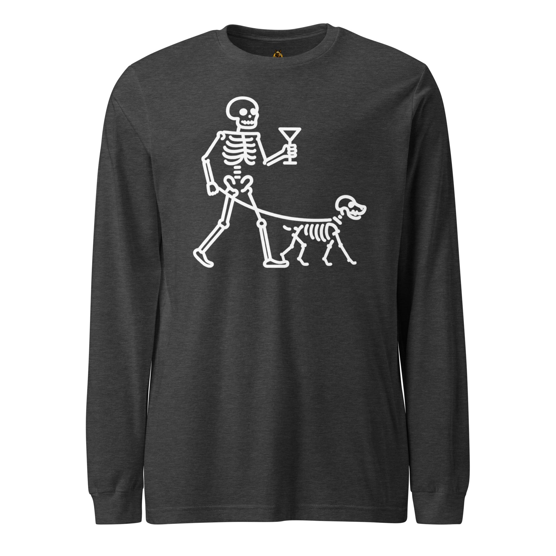 Dark heather grey unisex long sleeve t-shirt with white graphic of a ghost walking a skeleton dog and holding a martini