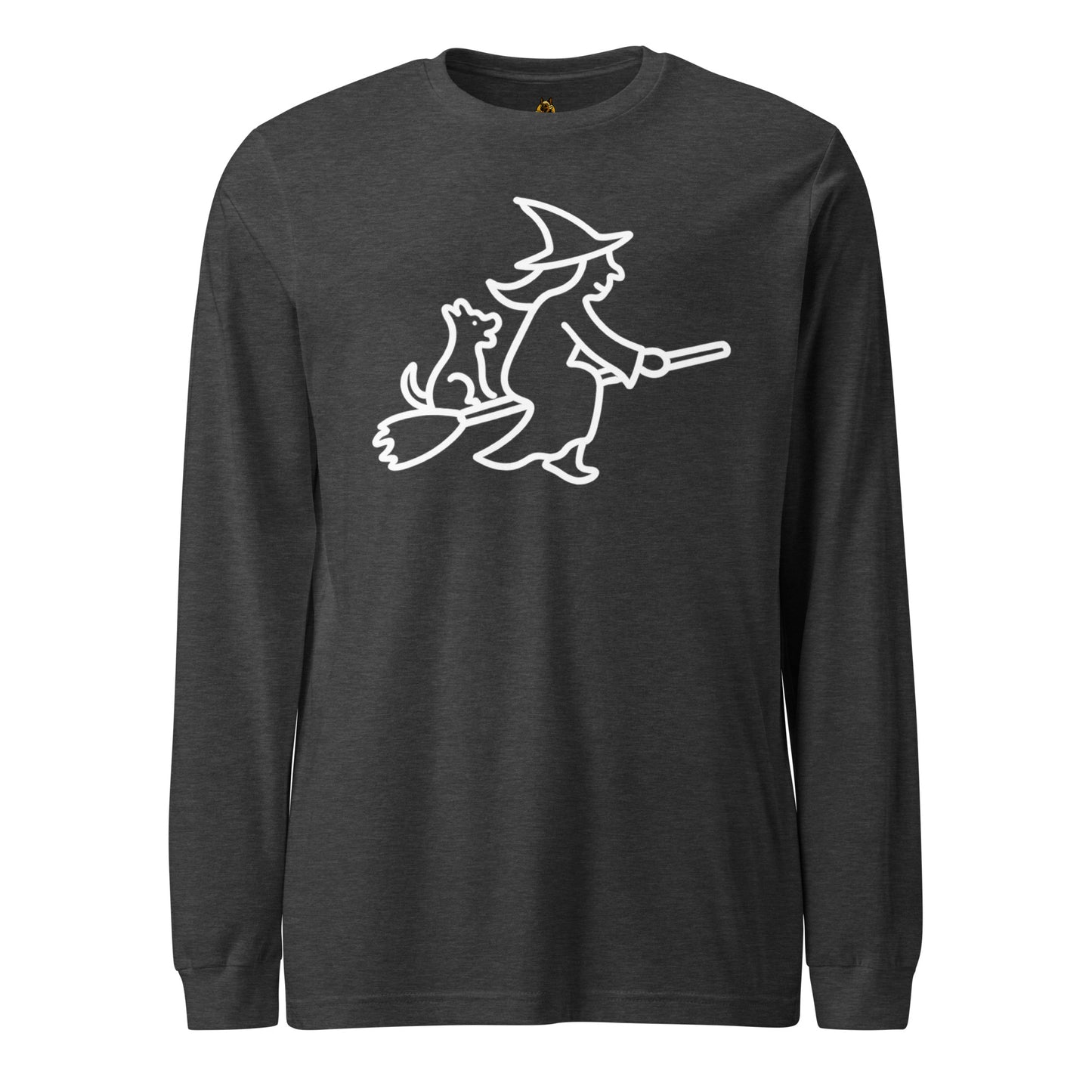 Dark heather grey unisex long sleeve tee with white graphic of witch on broomstick with dog – Boozie Adams