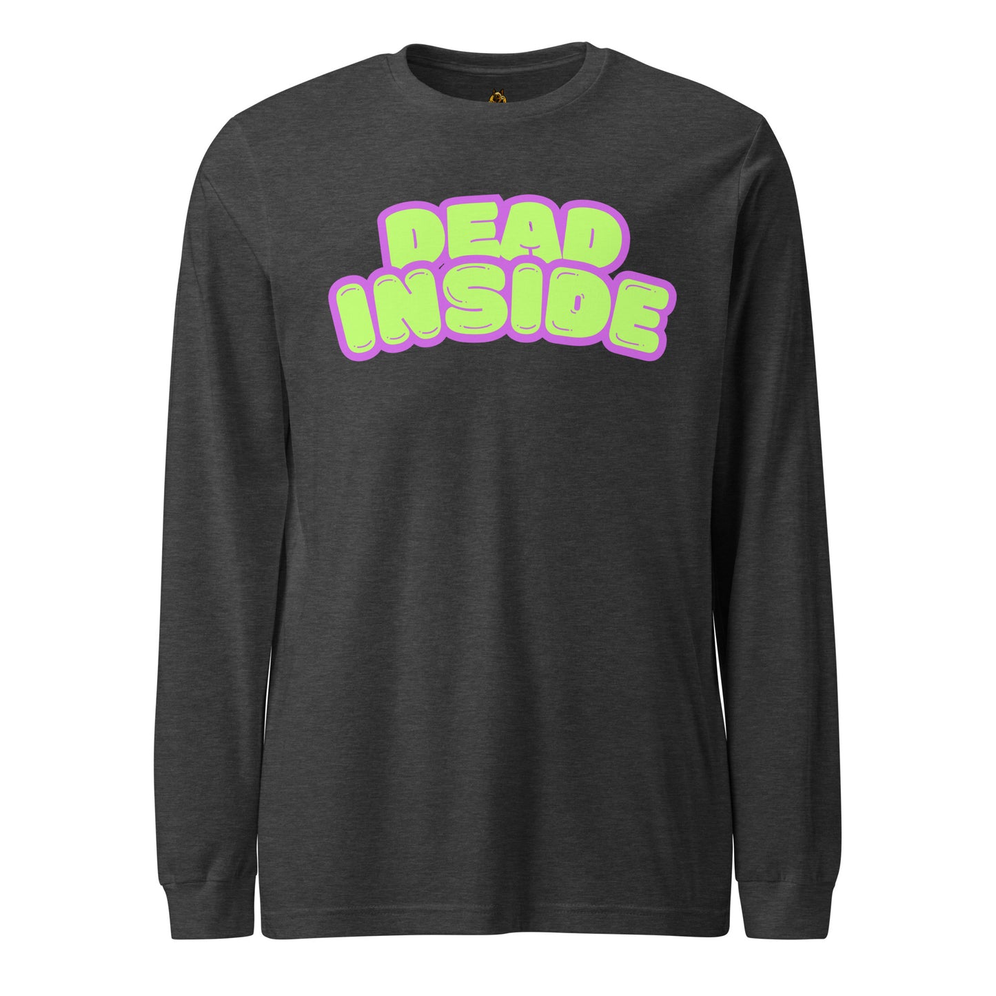 Dark heather grey unisex long sleeve t-shirt with purple and green text 'Dead Inside' – Boozie Adams