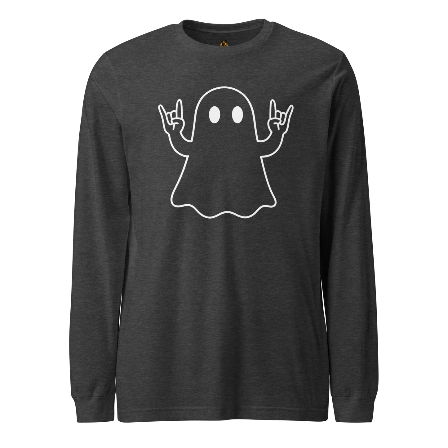 Dark heather grey unisex long sleeve t-shirt with white graphic of ghost giving rock hands – Boozie Adams