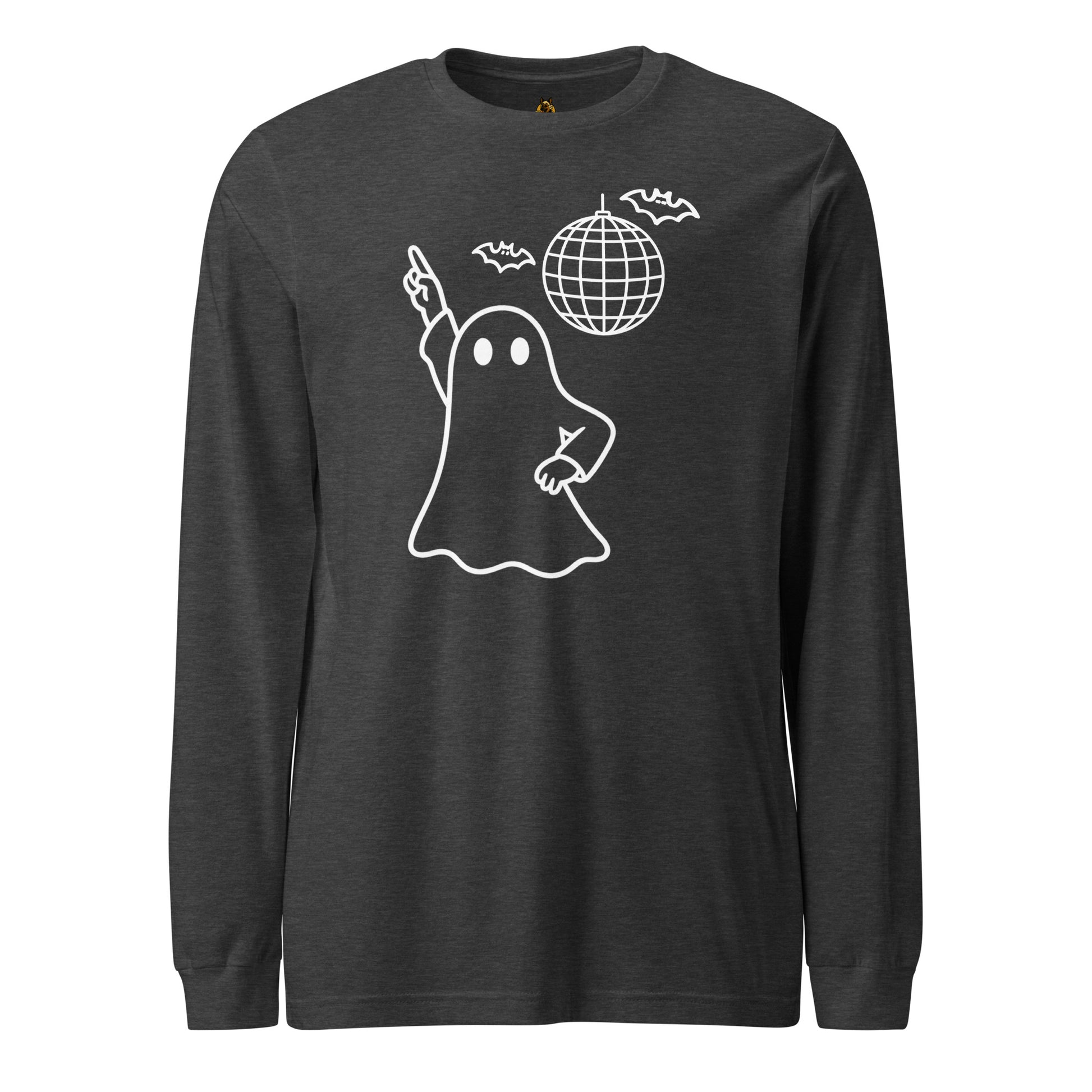 Dark heather grey unisex long sleeve t-shirt with white graphic of ghost dancing by disco ball – Boozie Adams