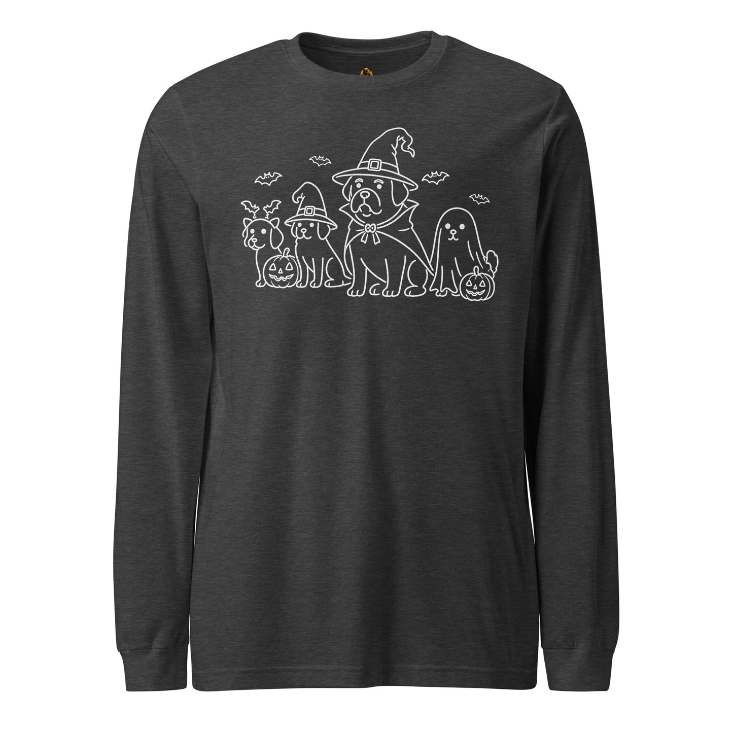 dark heather grey unisex long sleeve t-shirt with white graphic of dogs dressed in halloween costumes – Boozie Adams