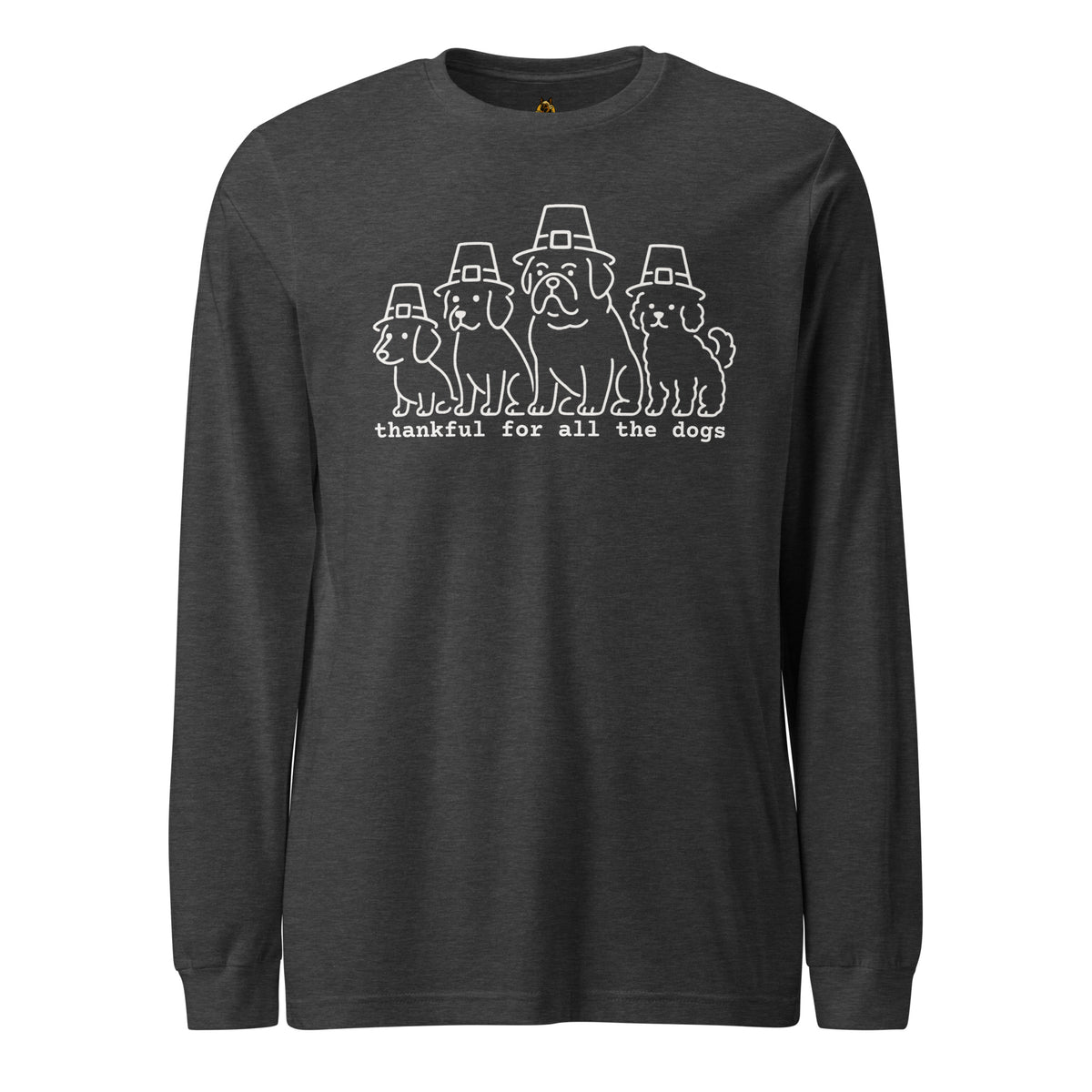Dark heather grey long-sleeve shirt with white text 'I Love Thanksgiving Feels & Black Friday Deals' – Boozie Adams
