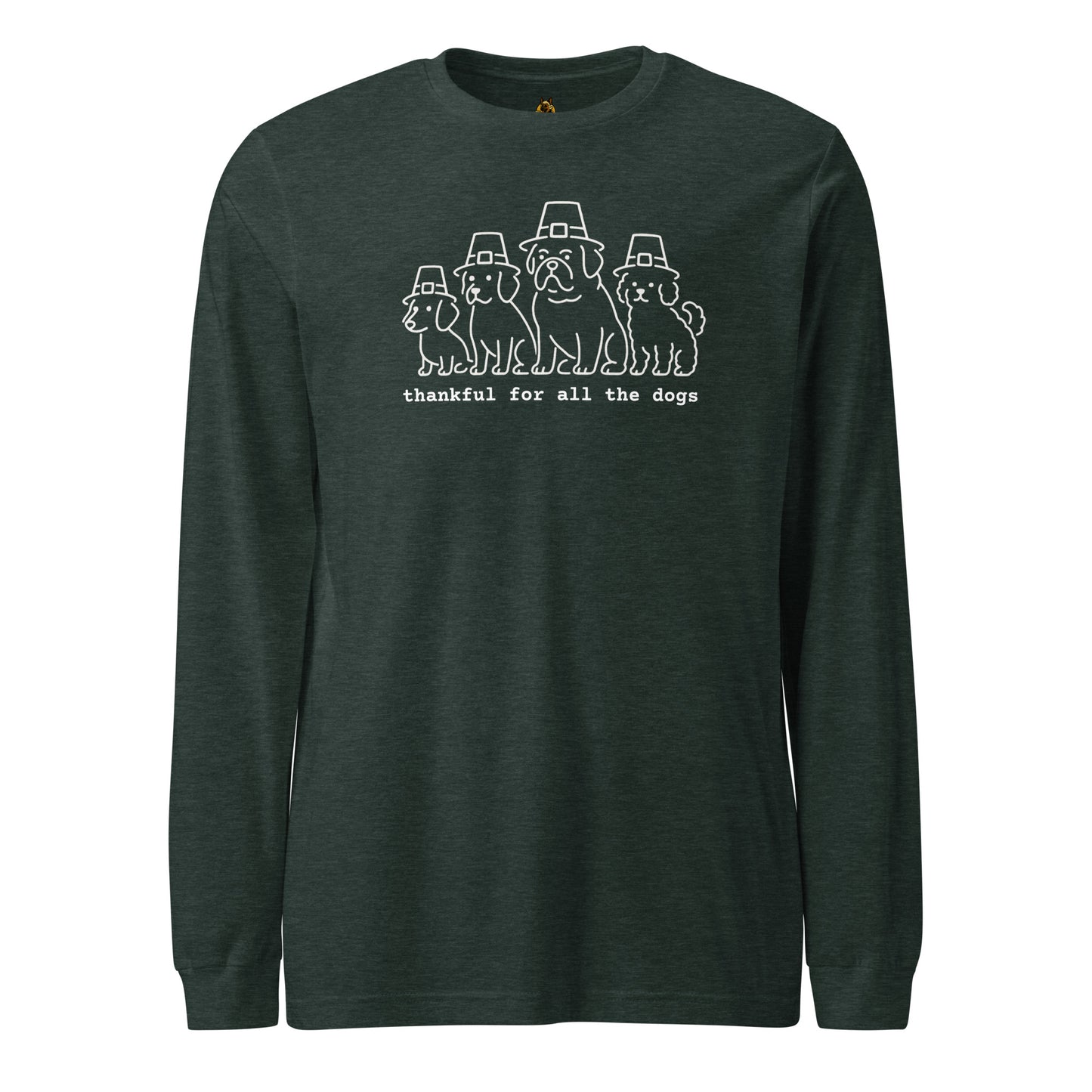 Heather green long-sleeve shirt with a graphic of dogs wearing pilgrim hats and the text 'thankful for all the dogs' in white – Boozie Adams