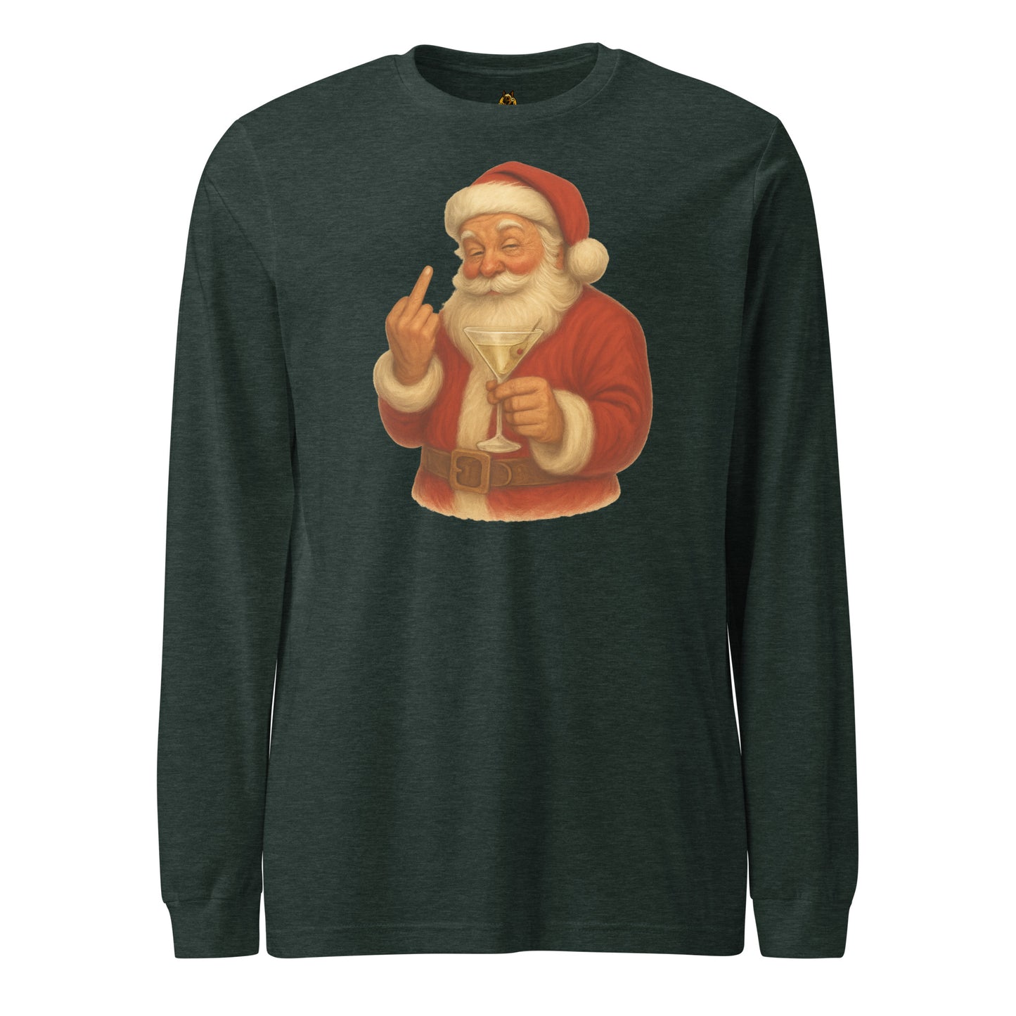 Heather forest green long-sleeve unisex shirt with a graphic of a Santa Claus holding a martini glass and flipping the bird – Boozie Adams