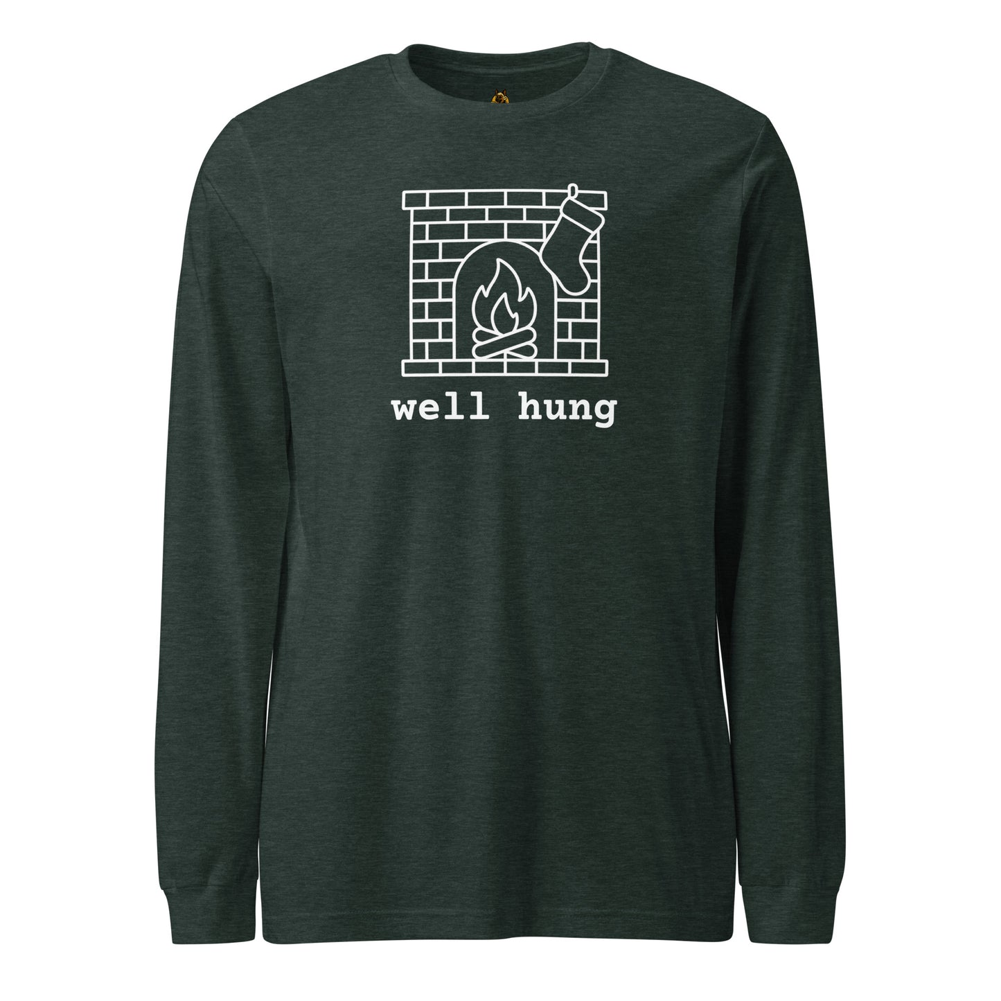 Green long-sleeve shirt with a stocking hung on a fireplace graphic and 'well hung' text – Boozie Adams
